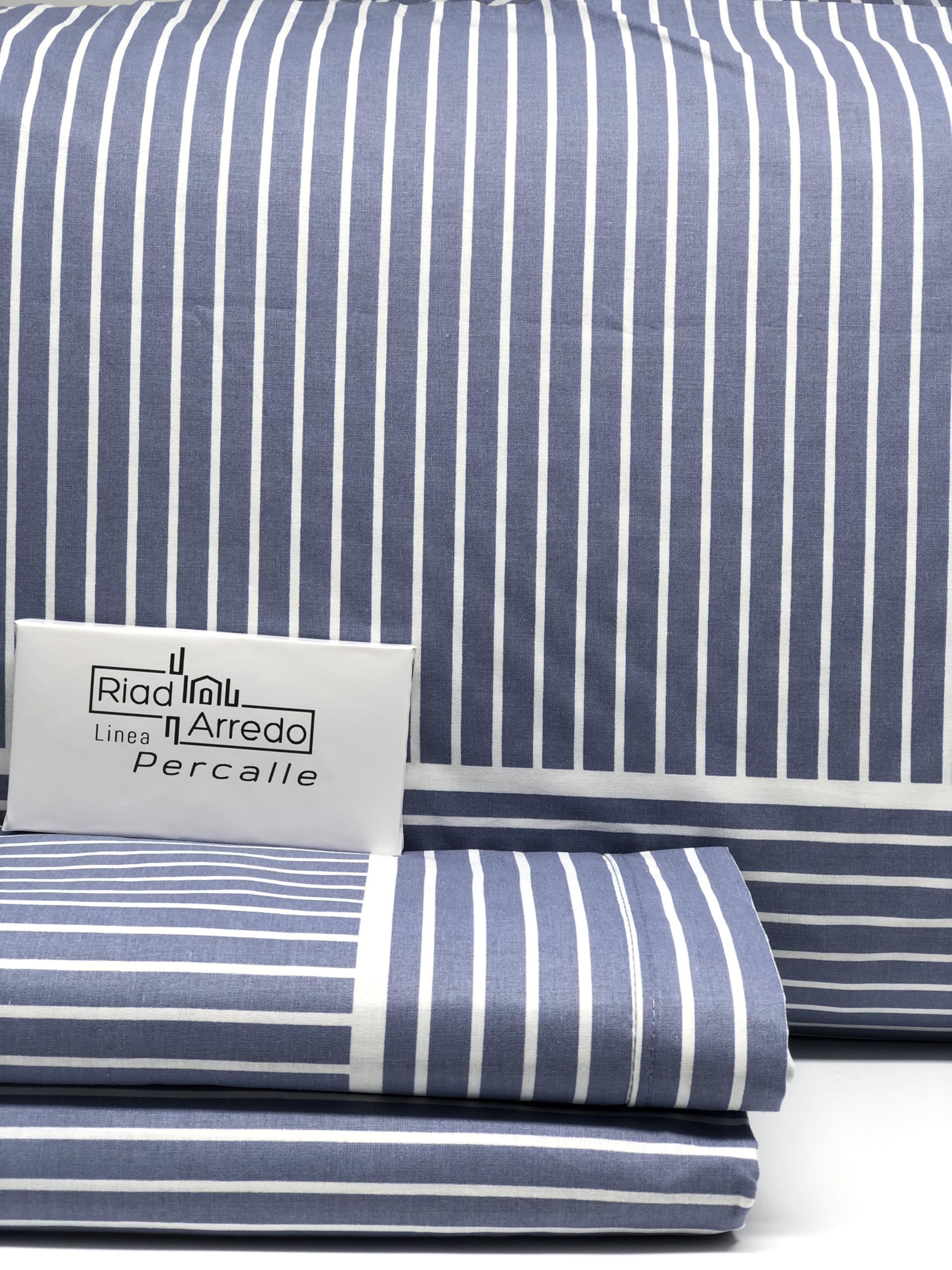 Riad Arredo Set Completo Letto In 100% Cotone Morbido Mano Percalle - Completo Letto Lenzuola Sotto Con Elastico | Lenzuola Da Sopra | Federe (Righina Jeans, Singolo