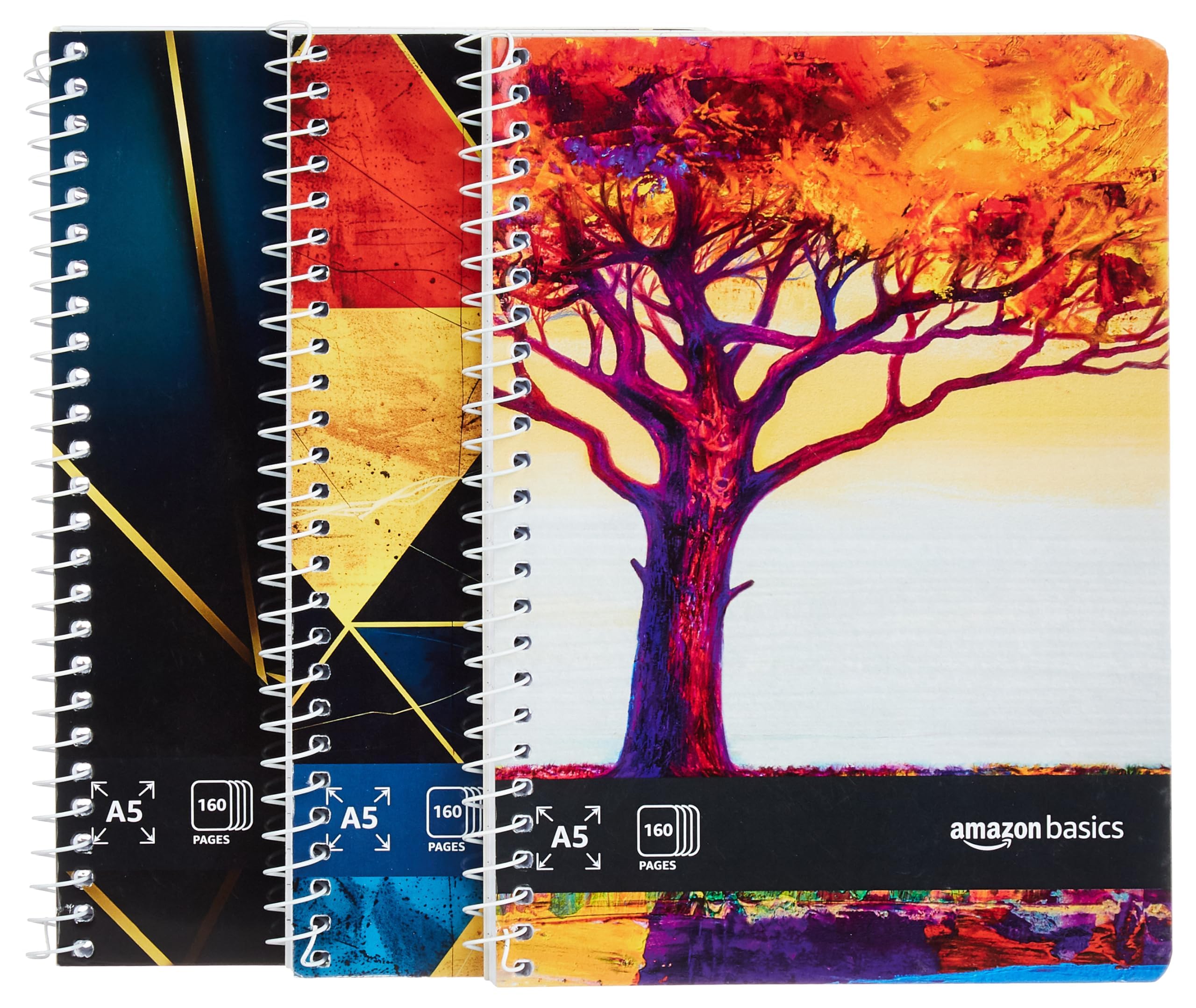 Amazon Basics Metal Spiral Notebooks A5 Size 160 Sheet | High Bright Paper | Single Ruled | Thick Black Covers | Pack of 3 (Assorted Colours)