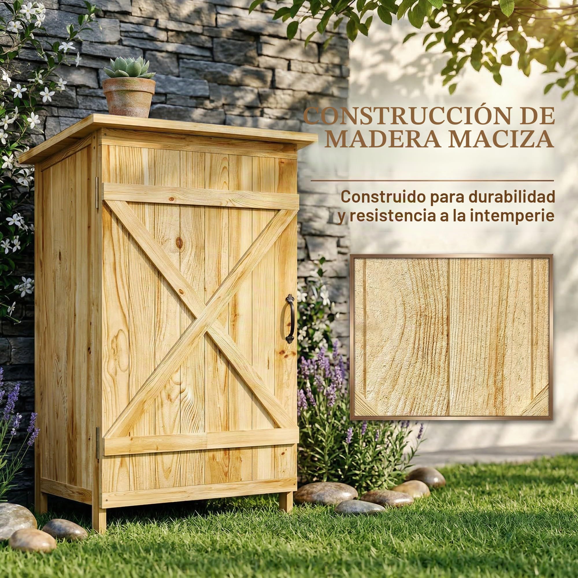 Outsunny Caseta de Jardín de Madera con 2 Estantes 63,5x40x90 cm Natural | Cobertizo Jardín Exterior, Armario para Almacenaje de Herramientas, Puerta Tipo Granero, Techo Acero Galvanizado