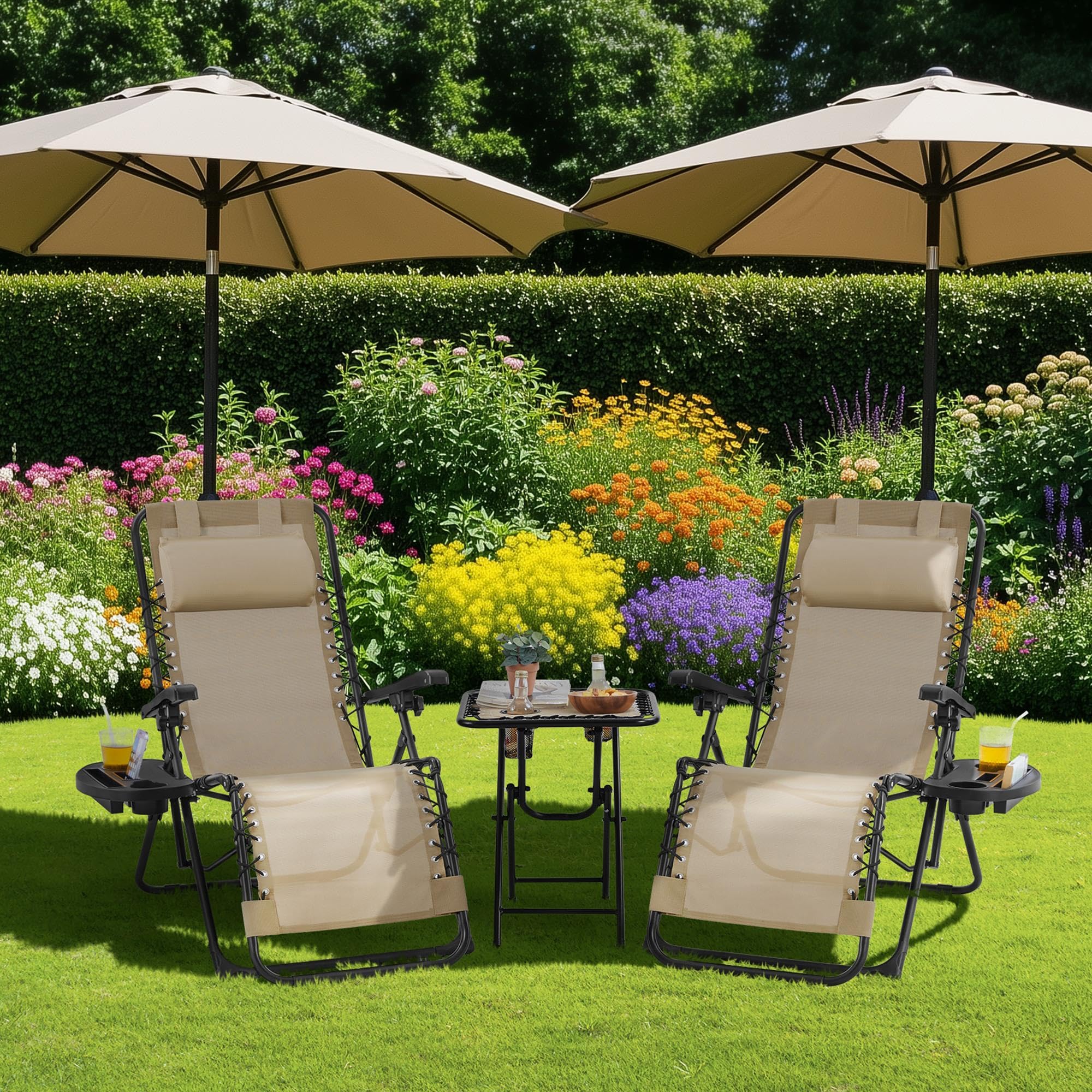 Abician Lot de 2 Chaise Longue Pliable et inclinable, avec Table Pliable Support de Gobelet, Fauteuil Relax Jardin de gravité zéro transat Bain de Soleil, avec Rembourrage de Tête Beige