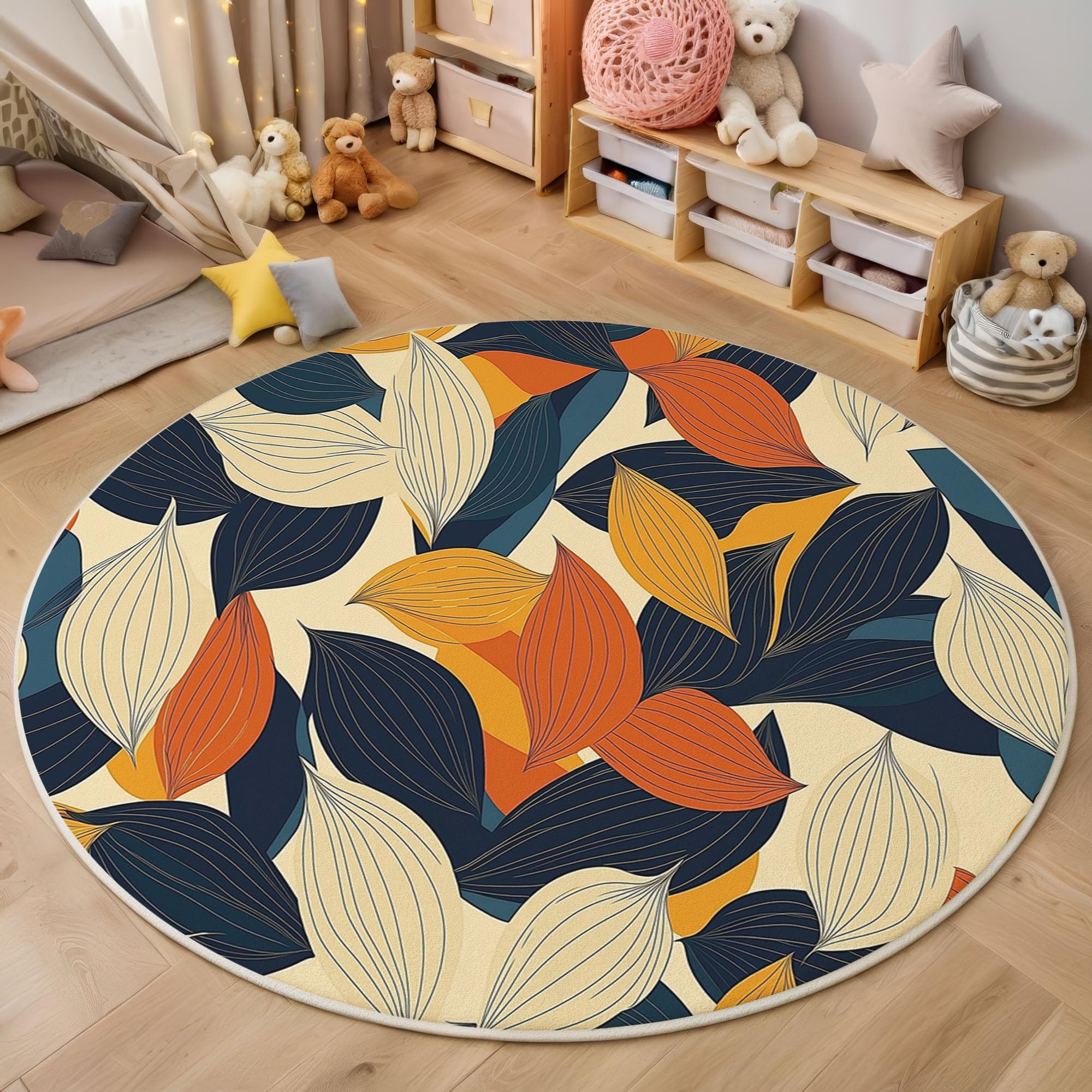 Teppich Rund 120cm, Maisblätter Geometrie Bedrucktes Design, Weich und Flauschig Retro-Botanischer Stil Küchenteppich, rutschfest Waschbar Senfgelb Teppich für Kinderzimmer Wohnzimmer Schlafzimmer