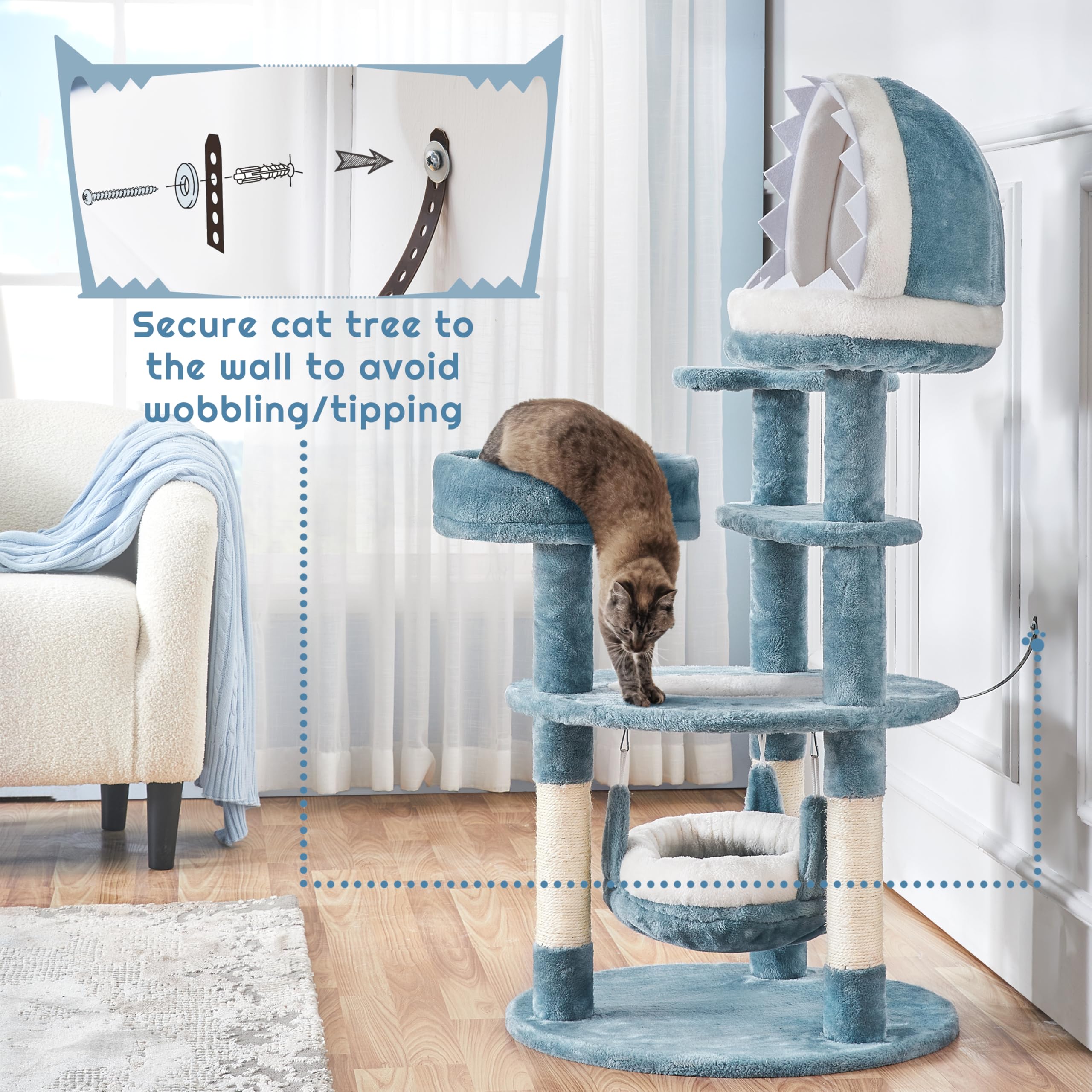 Yaheetech Árbol para Gatos 115cm Rascador para Gato Torre de Gatos con Hamaca Cueva Plataforma Estilo del Océano Azul y Blanco | Torre de peluche con forma de tiburón, con 2 perchas, 1 hamaca, 1 cama para arañar y cuerda de sisal