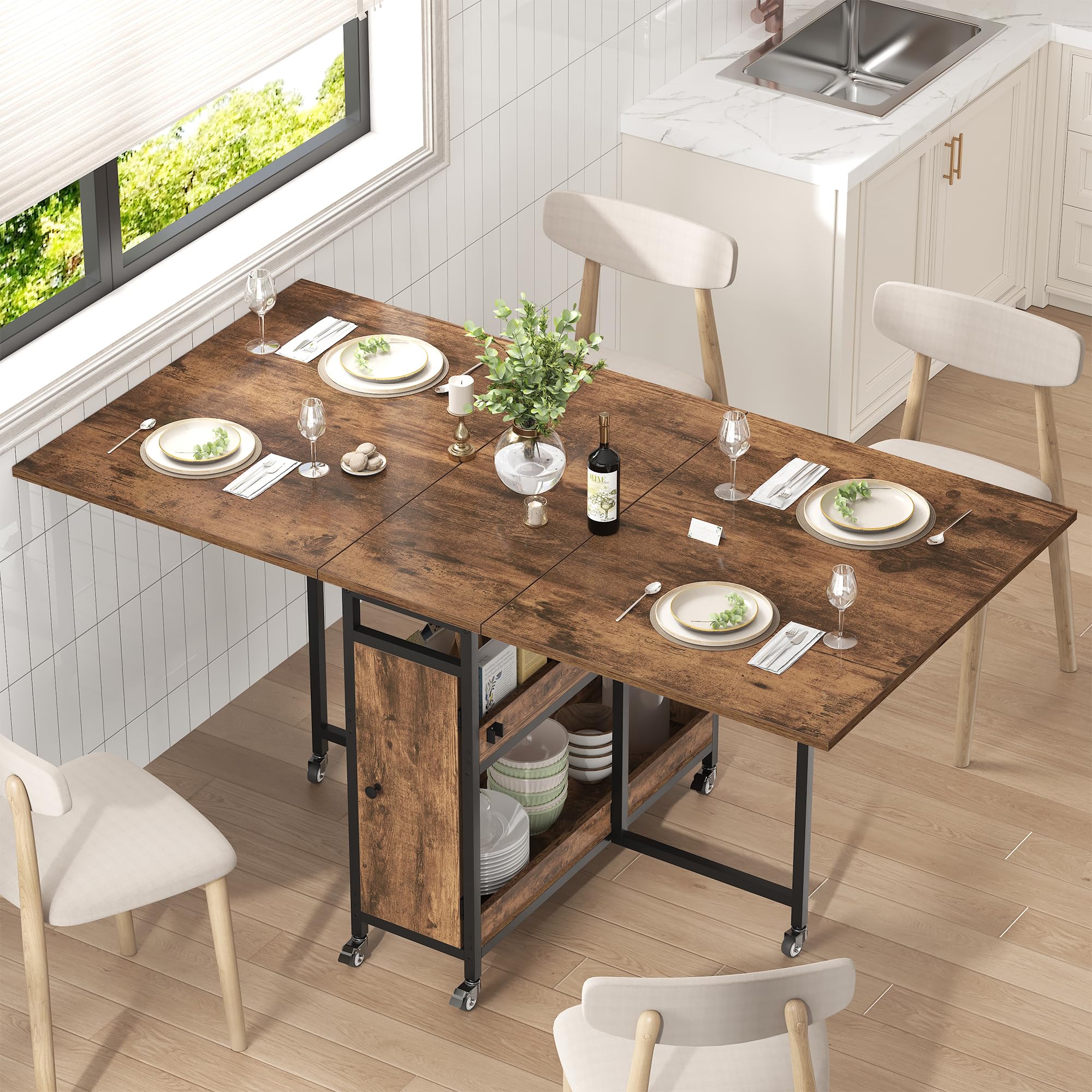 HSH Klappbarer Esstisch Klapptisch Küche Mit Stauraum für Küche Küchentisch Klappbar mit 2 Regalen und Rollen Mobiler Tish Platzsparender für Wohnzimmer Wohnung Rustikales Braun 130cm