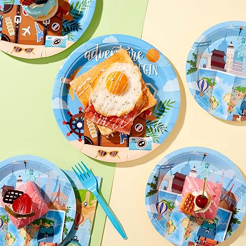 Miniatura 4 de 96 piezas de suministros de viaje para fiestas, platos de aventura, servilletas, tenedores, platos desechables de viaje para fiesta de viaje,
