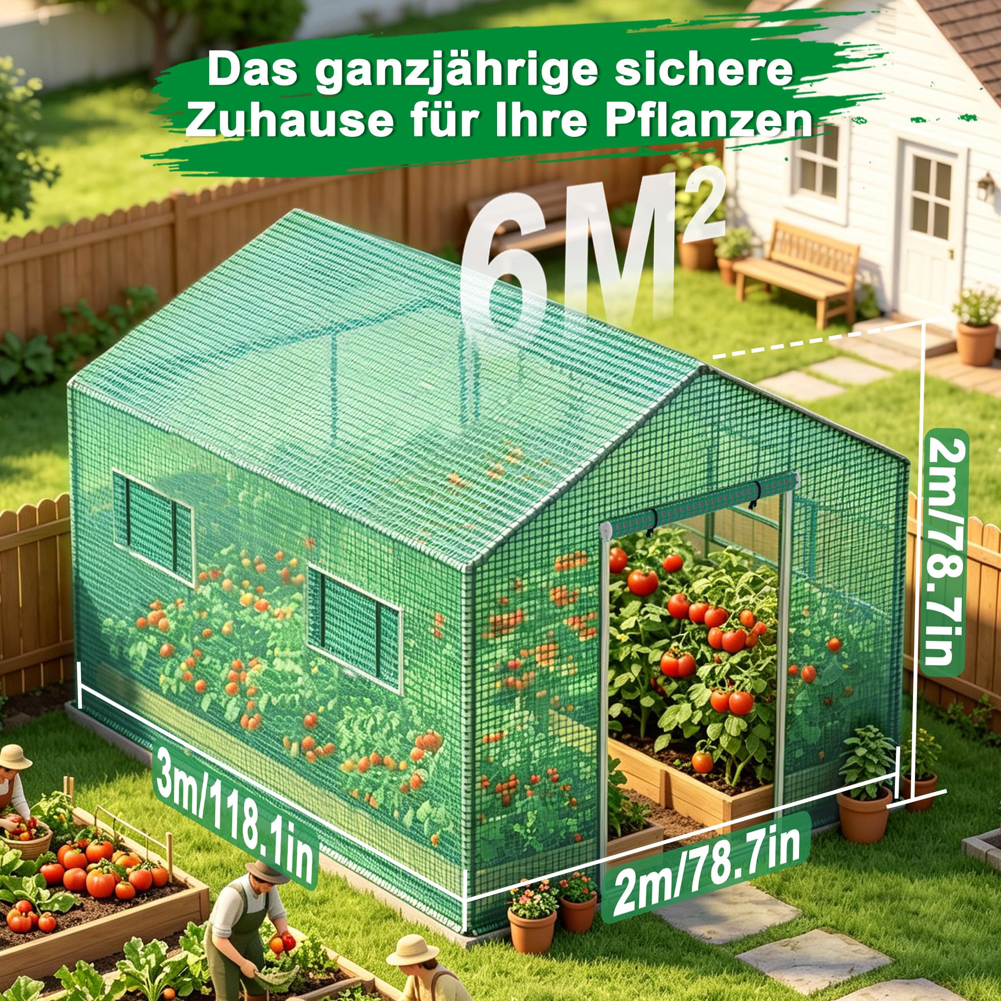 Froadp Gewächshaus Begehbar 3x2x2m, Foliengewächshaus Garten mit Verzinktem Stahlrahmen, UV-beständige PE Folie, Tomatenhaus mit Fenstern & Tür, Pflanzengewächshaus für Gemüse, Tomaten & Blumen