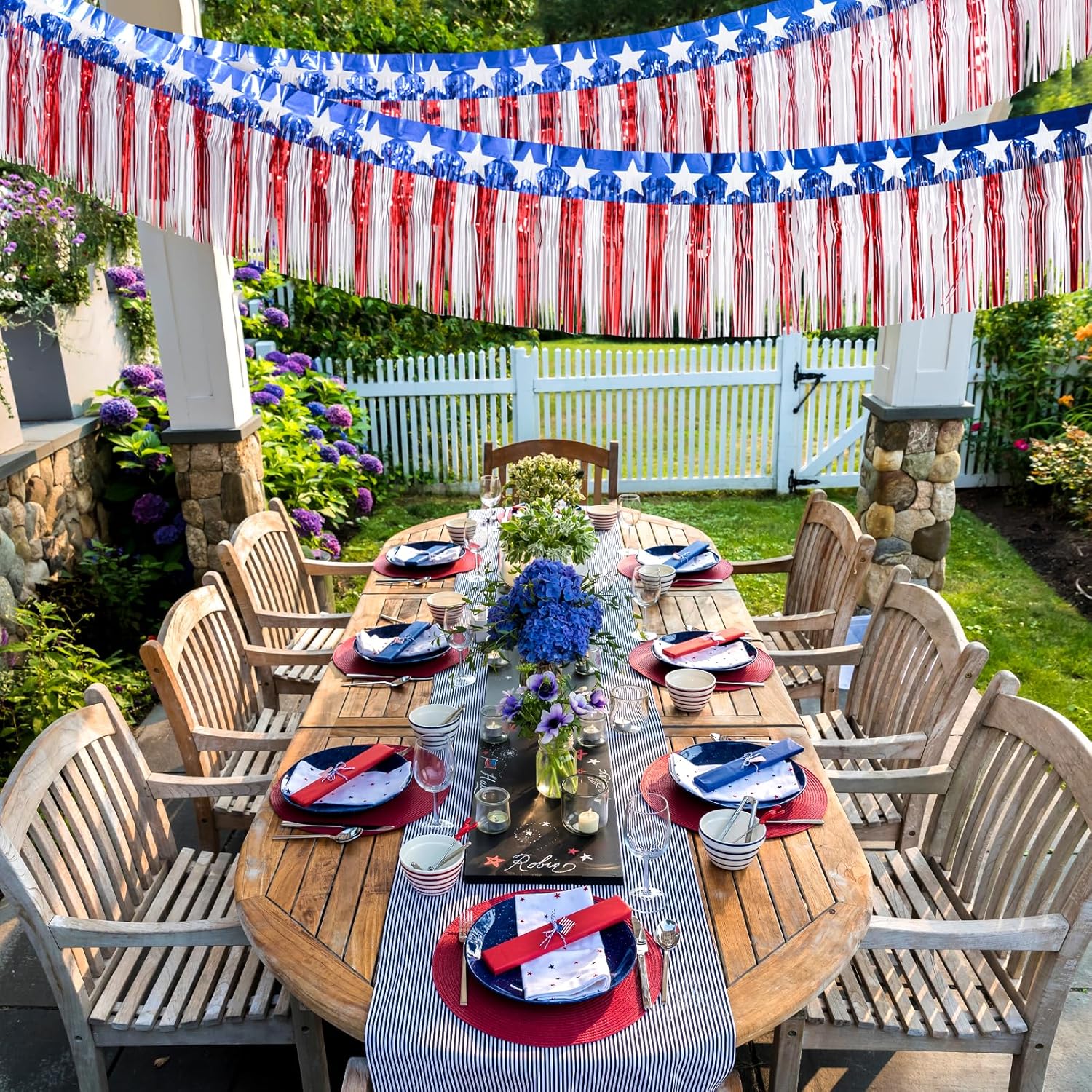 Mega-L 4th of July Decorations 2Packs 39 Feet Foil Fringe Garland Tinsel Streamers, Red White and Blue Star Metallic Hanging Backdrop Banner Table Skirts for Parade Floats Memorial Day Patriotic Party - Image 3