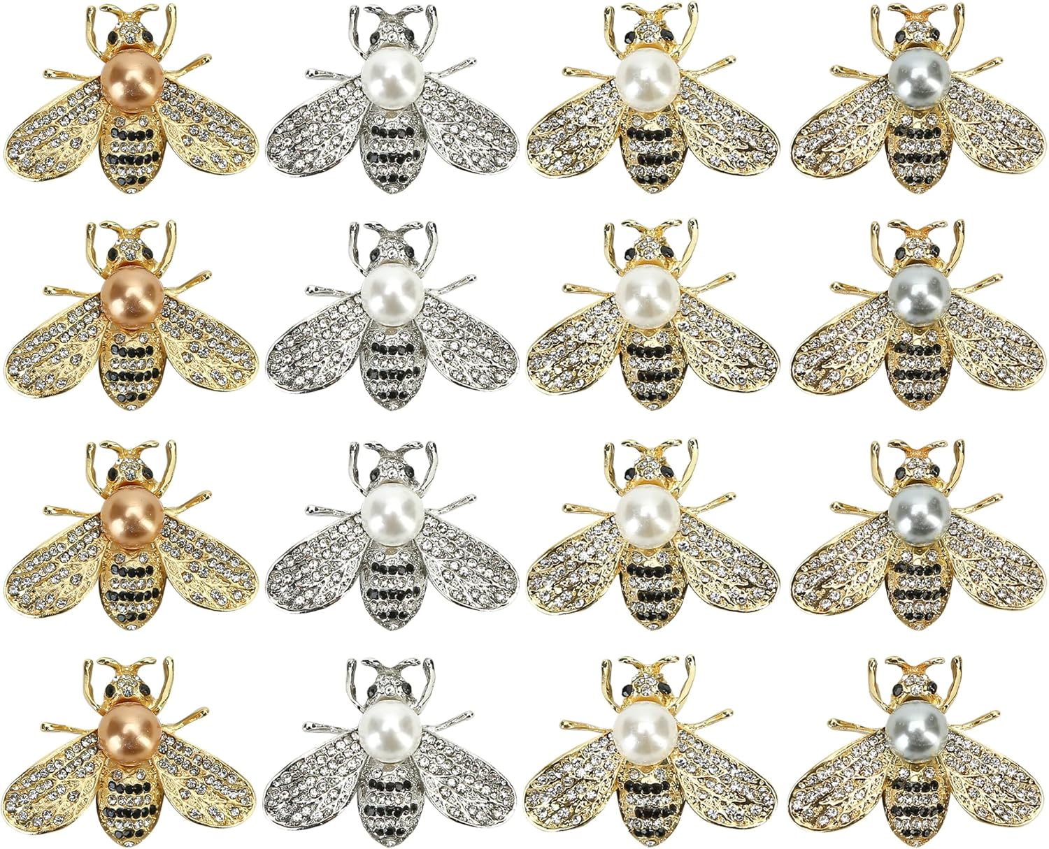 16 PCS Honey Bee Brooch Pins Bulk - Gold Designer Brooches for Women - Crystal Insect Themed with Faux Pearl - Fashion Lapel Gift for Birthday, Dating, Party, Anniversary