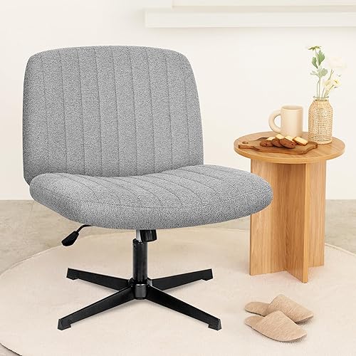 Orange Factory Cross Legged Office Desk Chair No Wheels Fabric Padded Modern Swivel Height Adjustable Wide Seat Computer Task Vanity Chair for Home Office Mid Back Accent Chair (Grey)