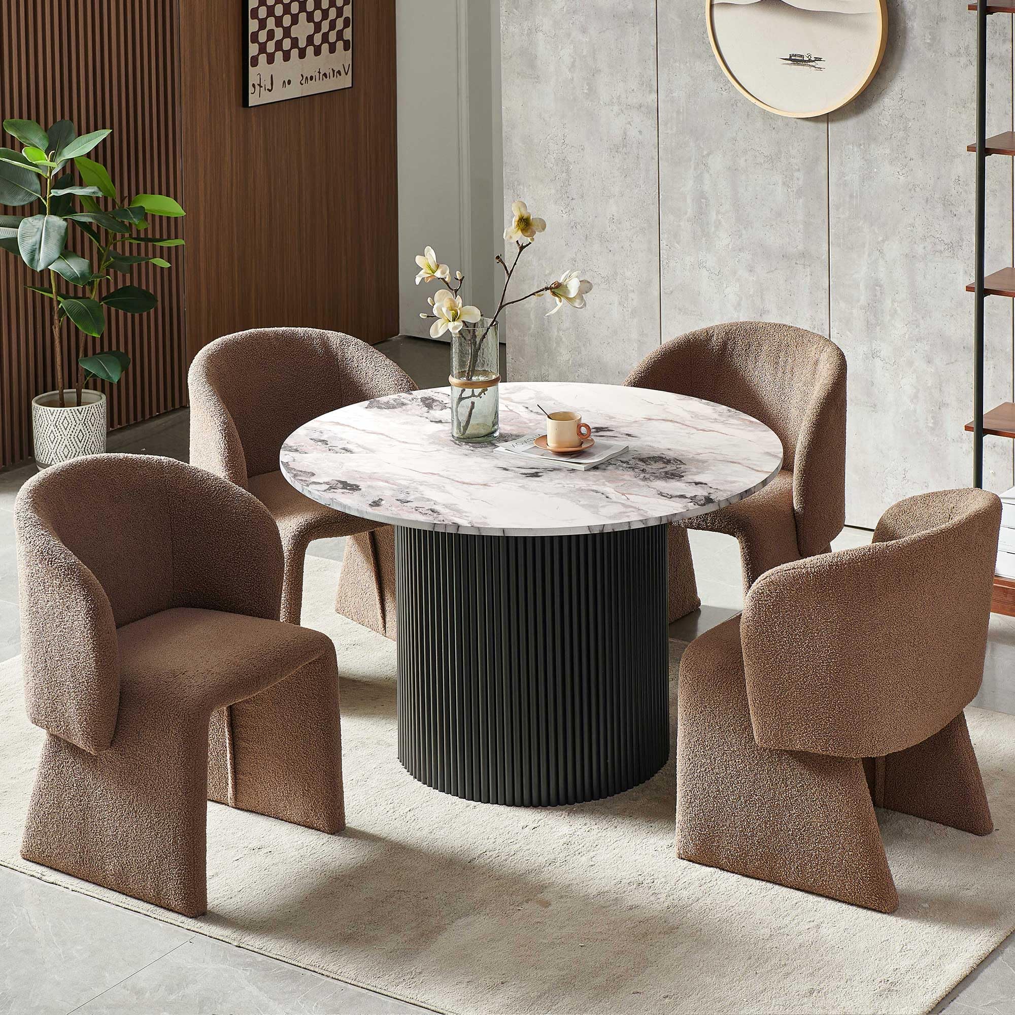 Homedot 5-Piece Dining Table Set for 4, 47" Round Kitchen Table and Brown Upholstered Barrel Dining Side Chairs, Modern Dinette Set, Engineered Wood