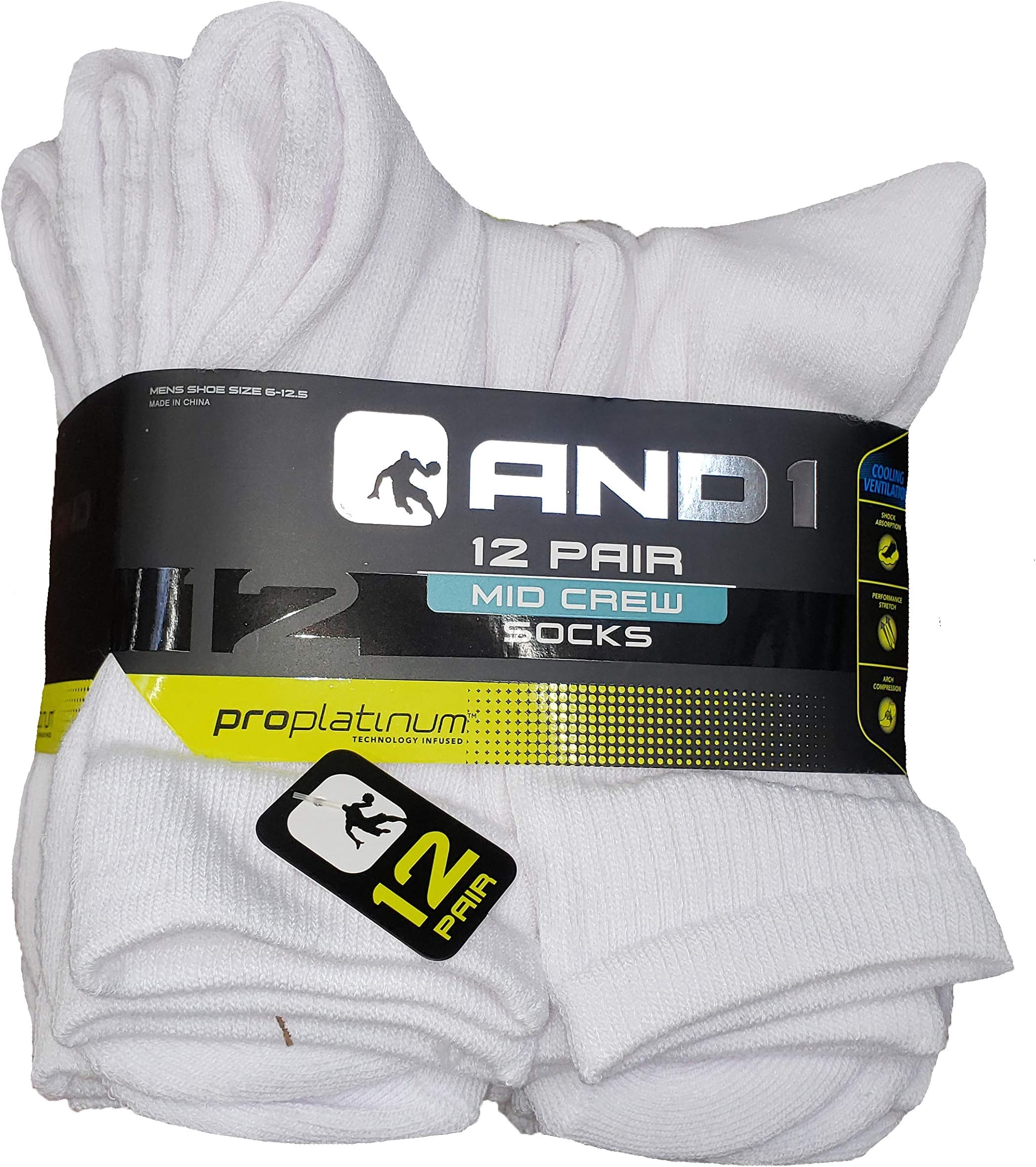 AND1AND1 White 12 Pair ProPlatinum Mid Crew Socks
