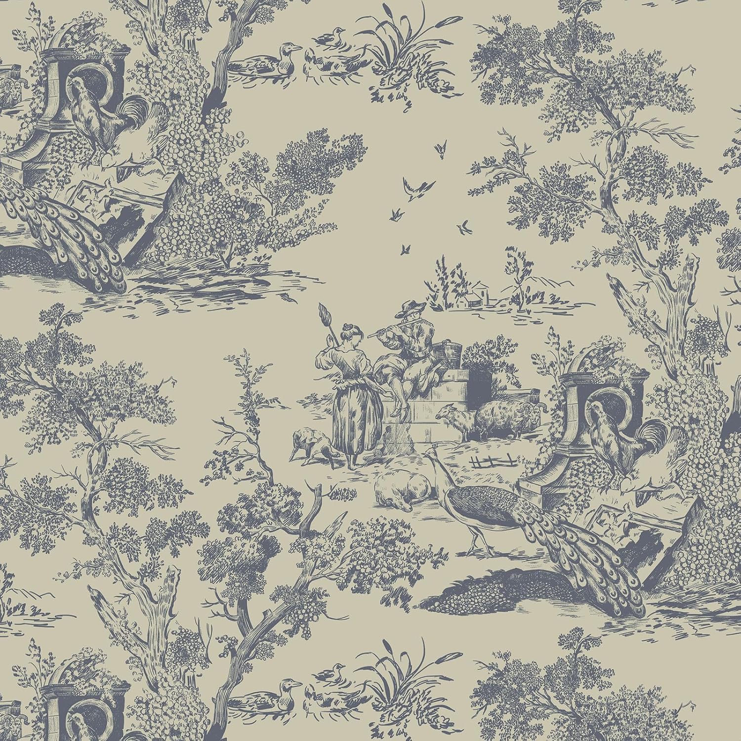 Carta da parati autoadesiva vintage, 41 x 1000 cm, beige e blu, pellicola adesiva con animali, pellicola spessa per mobili, alberi e piante, carta da parati in vinile impermeabile, per camera