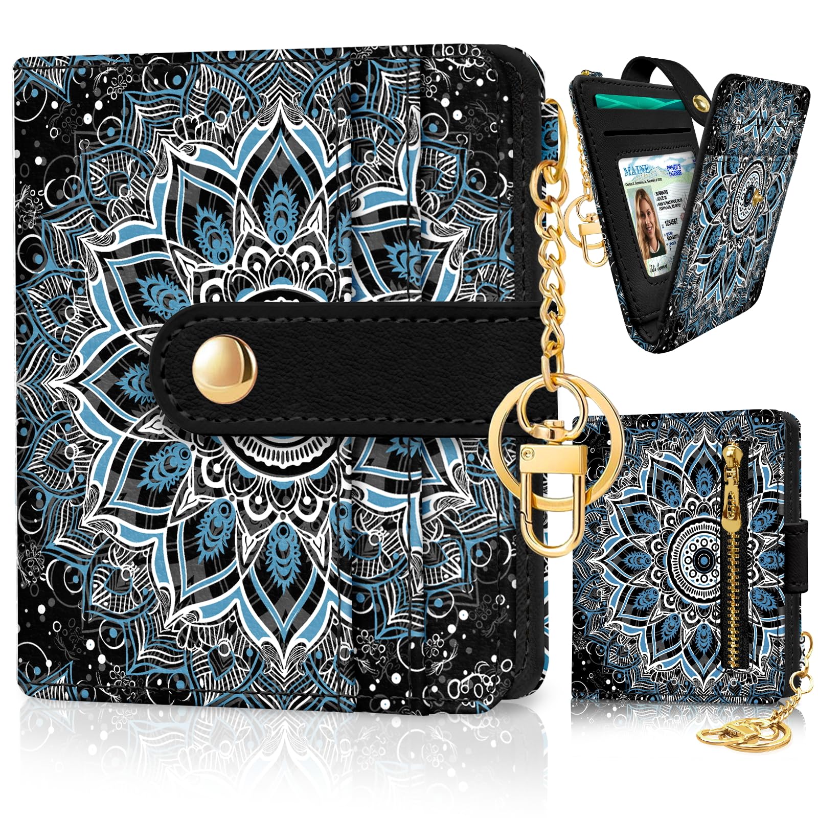 Jogjam Mandala Rfid Ladies Wallet, Small Slim Thin Compact Credit Card Women Wallet, PU Leather Bifold Cash Zipper Coin Pocket ID Window for Female