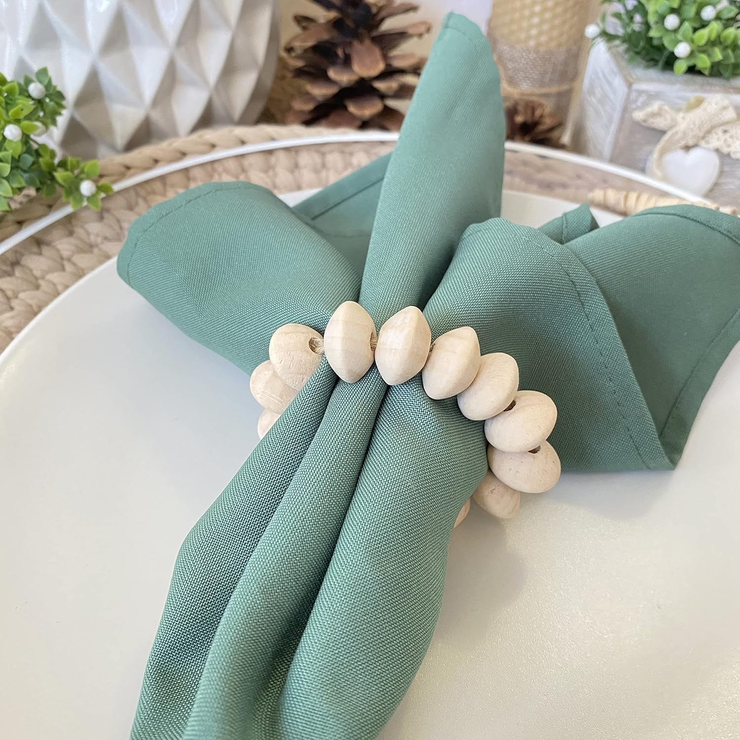 Napkin Rings Set of 6 - Wooden Beads Napkin Rings | Rustic Wooden Napkin Ring Holder for Table Decoration - Handmade LEBEJUA Napkin Ring with Wood Beads & Jute Twine - Farmhouse Holder for Napkins
