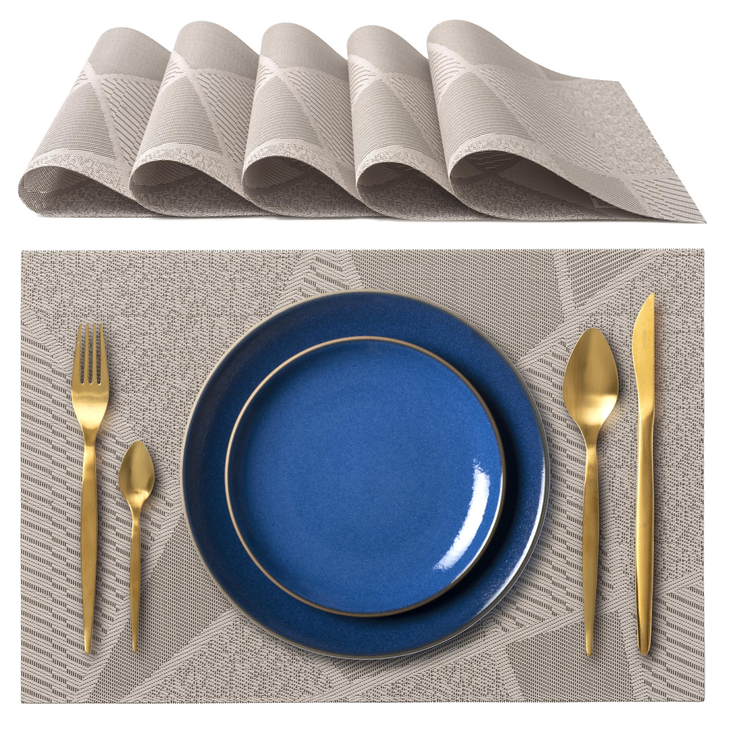 IPEA Elegant American Placemats 45 x 30 cm for Dinner, Lunch, Breakfast - 6 Units - Washable Placemats, Heat Resistant, Non-Slip, Stain Resistant for Kitchen and Dining Table - Grey