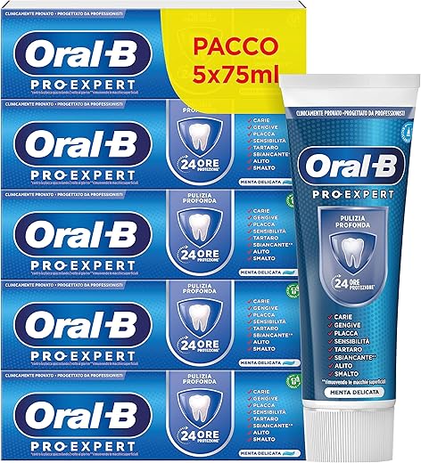 Oral-B Dentifricio Pro-Expert, Gusto Menta Delicata, Pulizia Profonda, Protezione di 24 Ore Contro la Placca, Clinicamente Provato, Confezione da 5 Dentifrici (5x75ml)