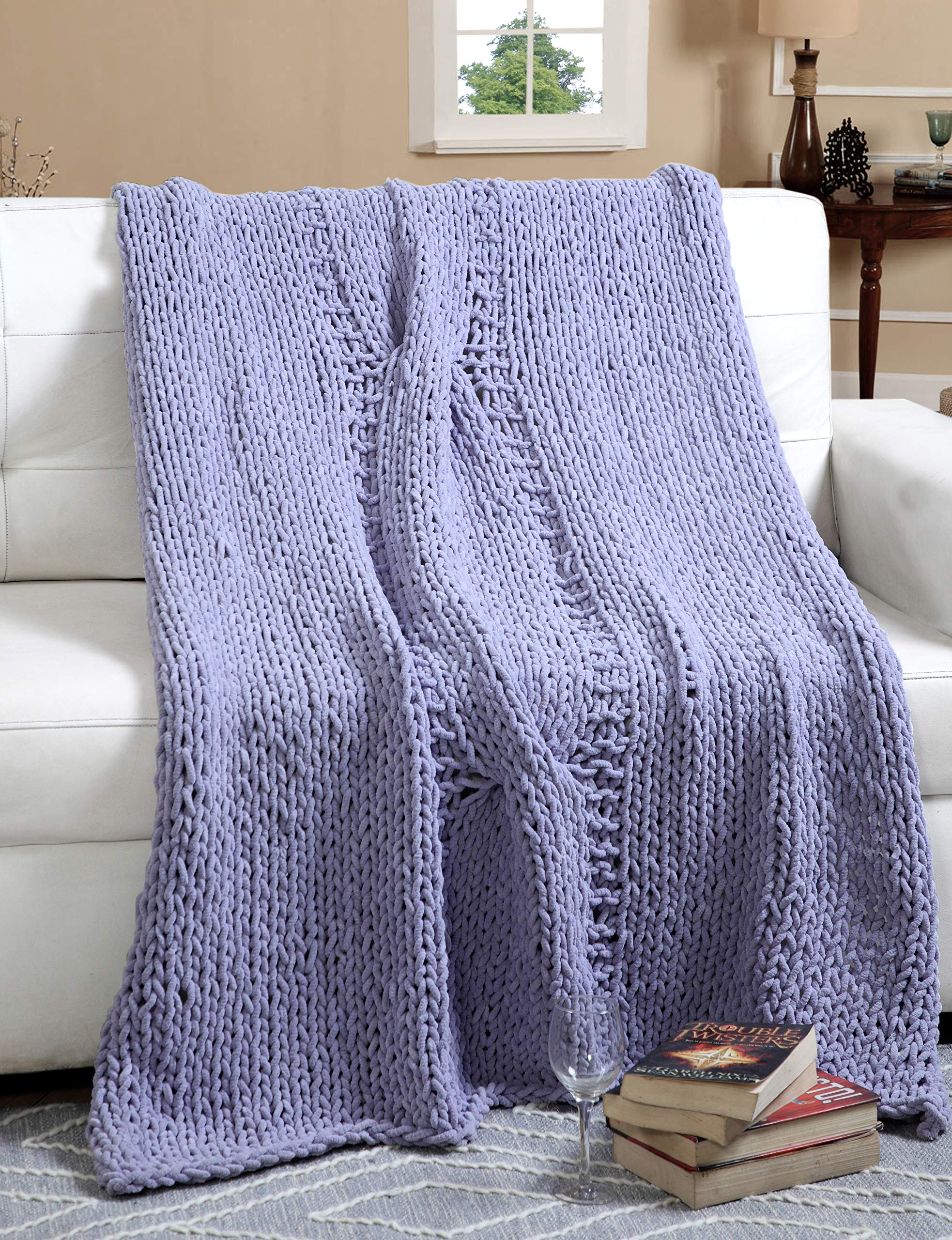 Kranvy Home 100% Polyester Chenille Super Soft Chunky Hand Knit Throw Blanket (Grey, 50"X60")