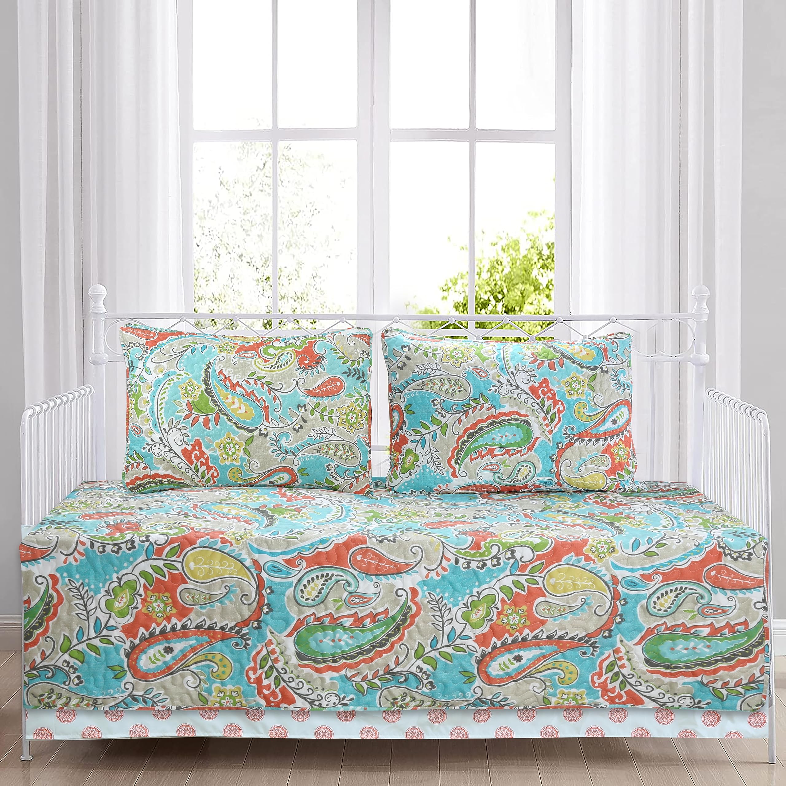Cozy Line Home Fashions Paisley Turquoise Blue Green Microfiber Reversible DayBed Quilted Bedding Set (Bahama Paisley, DayBed - 4 Piece)