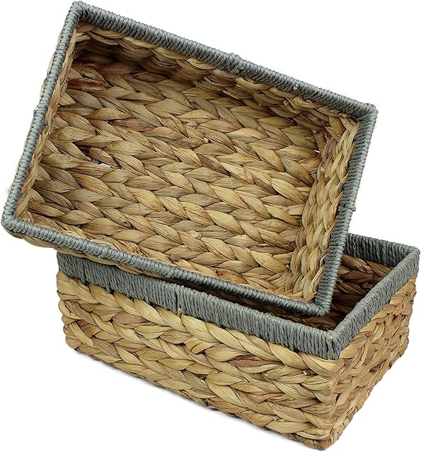 Rectangular Water Hyacinth Small baskets for storage Natural and Grey wicker basket shelves open Decorative gift box Small bathroom mini tray makeup bathroom Kitchen organiser (Large 32cm, 2x Baskets)