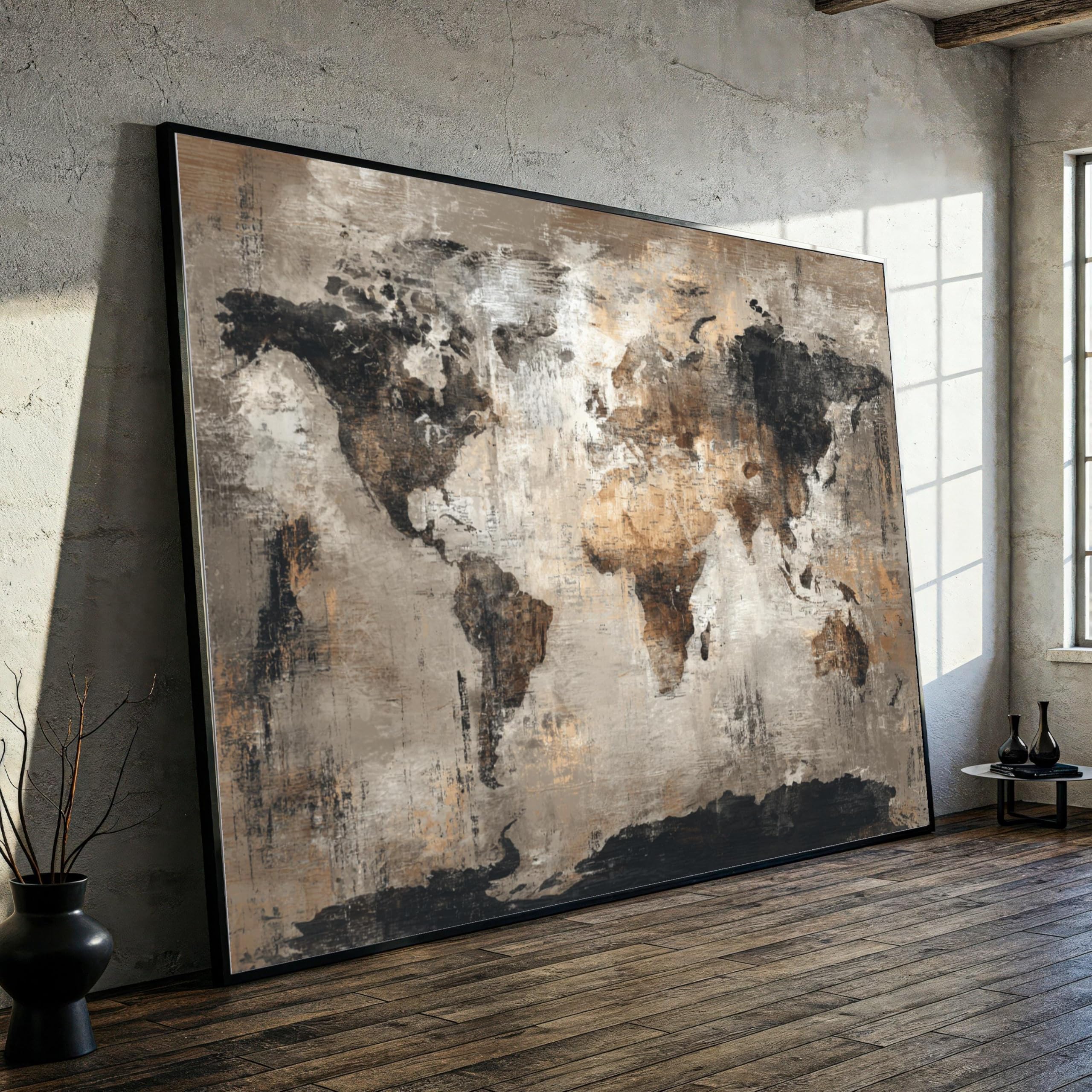 XINBAO Sztuka ścienna na płótnie, neutralny odcień ziemi, dekoracja podróżna, rustykalna mapa stylu, wystrój biura domowego, gotowy do powieszenia, obraz (50 x 75 cm / rama wewnętrzna)