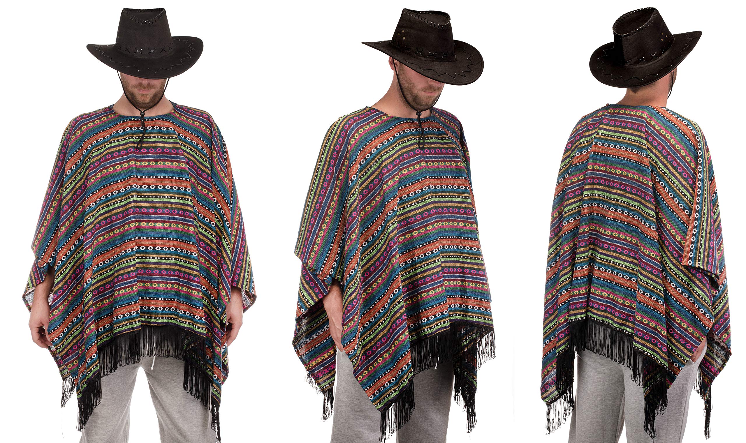 Brandsseller Poncho Mexiko mit Fransen Verkleidung Umhang Einheitsgröße für Erwachsene -gewebte Struktur- Mehrfarbig
