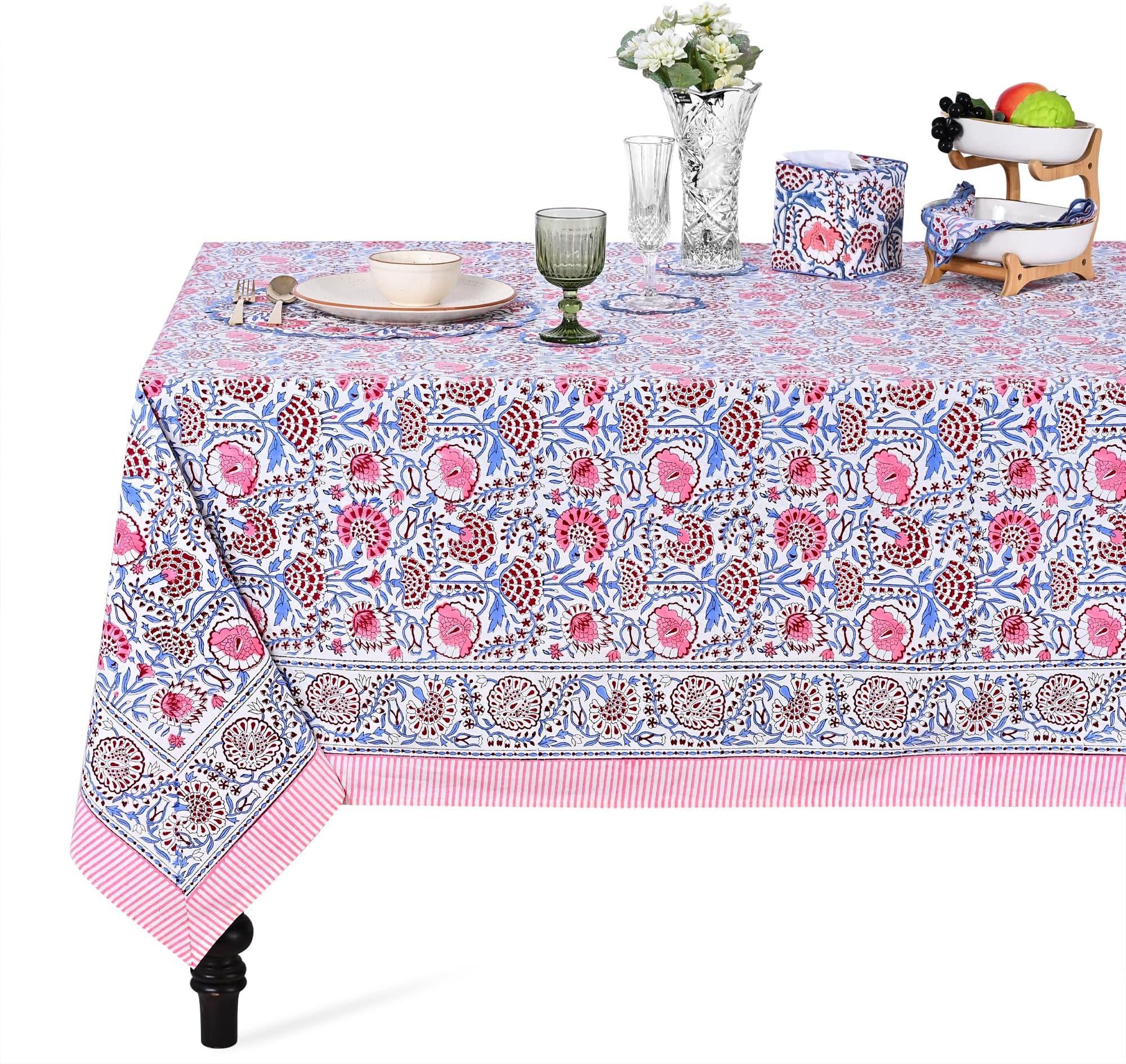 Ridhi Pigeon Blue and Flamingo Pink Hand Block Print Cotton Rectangle Tablecloth 90" x 60" inches Reusable Table Cover Decorative Everyday Use for Dining Room, Farmhouse, Gift Spring, Mother's Day