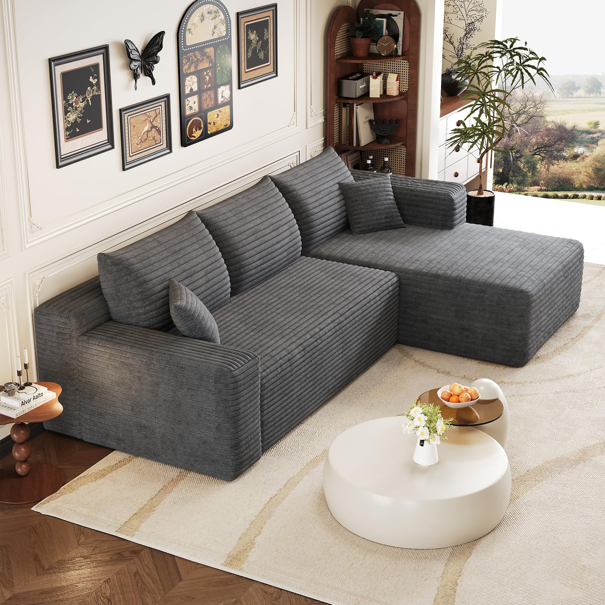 Sofá de esquina convertible, 239 cm, sofá comprimido con chaise longue en forma de L, sofá de esquina modular acolchado con asiento profundo para sala de estar (gris, ángulo derecho)