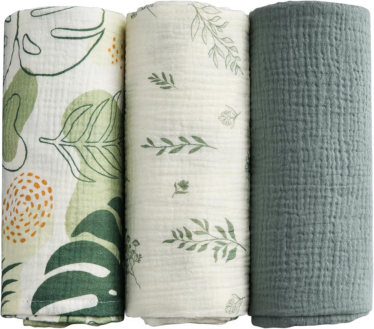 Muslin Swaddle Blankets, 3 Pack Inches Baby Receiving Blanket for Boys Girls, 38 x 40 Green Baby Essentials for Newborns and Toddler Gift, Soft Breathable Swaddle Wrap Burping Clothes for Babies