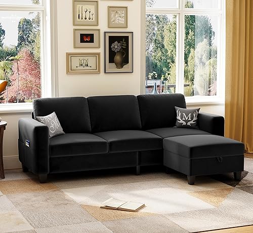 78" Sectional Sofa Couches for Living Room, Black Convertible L