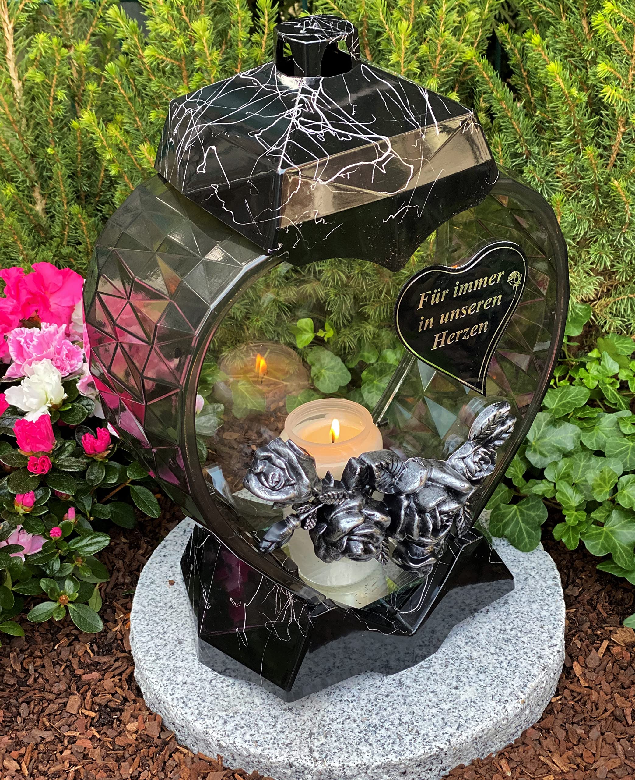 Grablampe 30 Cm. H Grablicht Mit 3D Rose Grabdekoration Grabstein