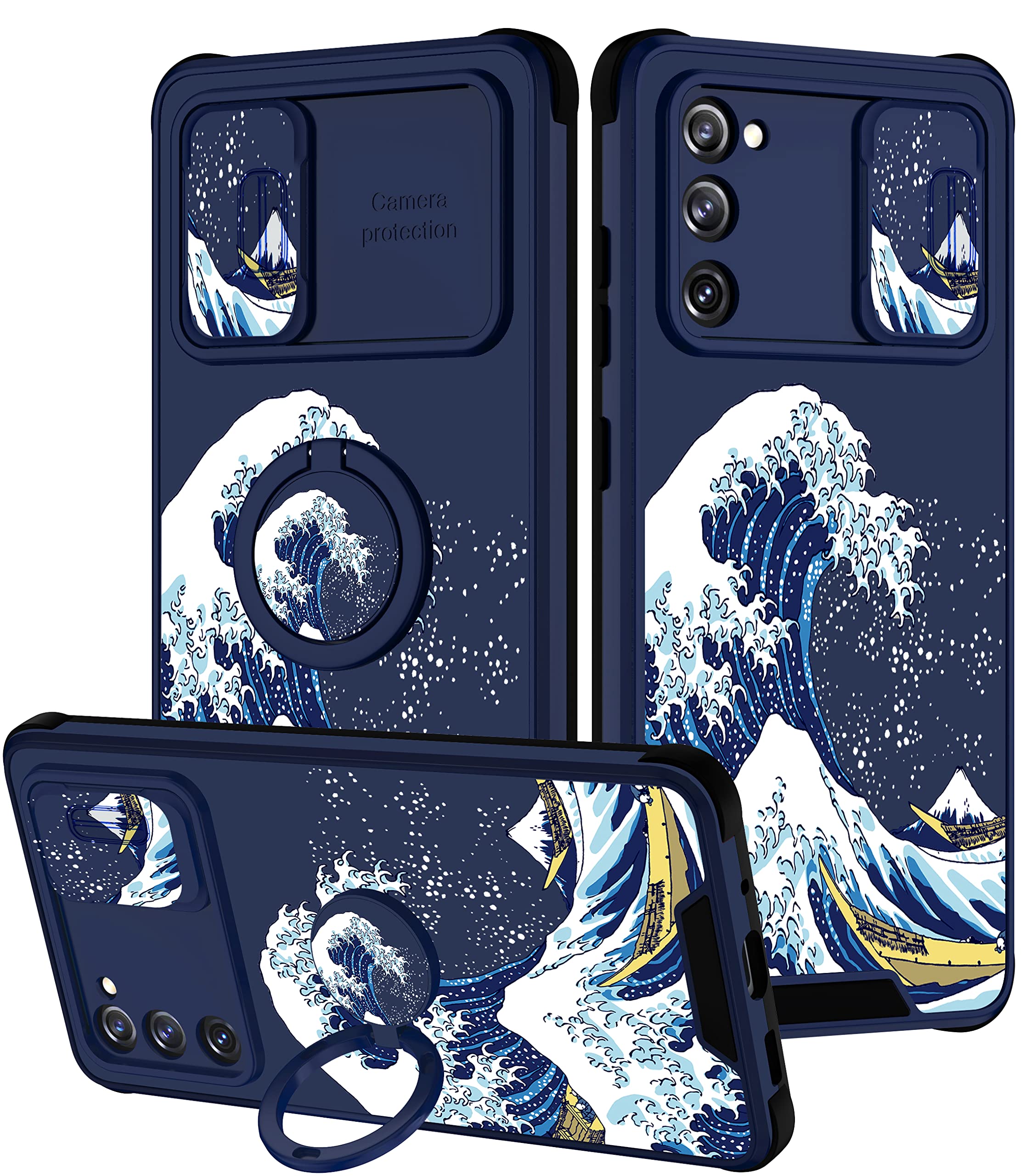 Goocrux [2in1 for Samsung Galaxy S20 FE 5G Case Waves for Women Girls Cute Phone Cover Fashion Great Wave Japanese Design with Slide Camera Cover+Ring