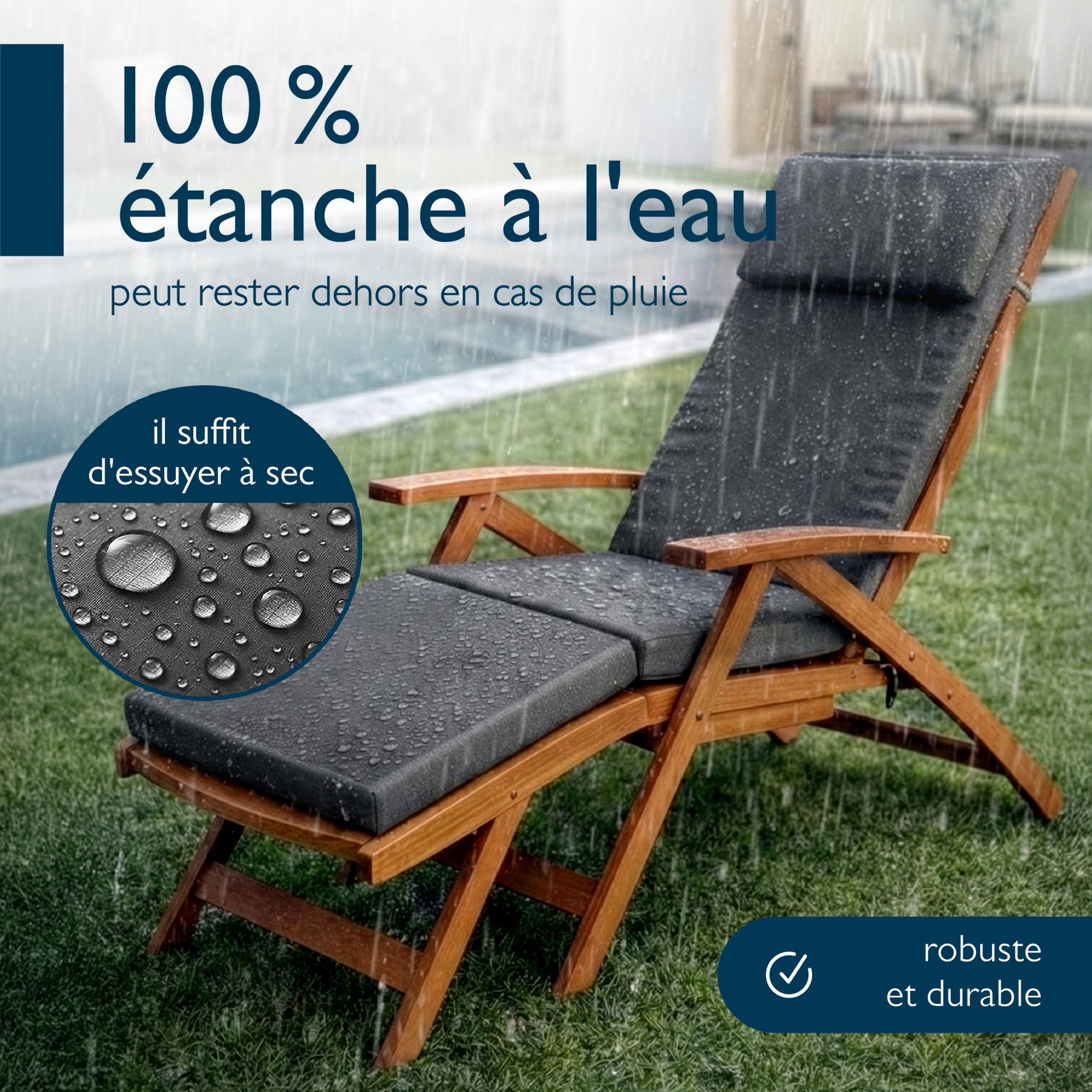 Beautissu Coussin Chaise Longue imperméable Matelas transat Bain de Soleil | 175x45cm anthracite 100% séchage rapide avec housse amovible Deckchair DC-QD rembourrage exterieur QD-DC
