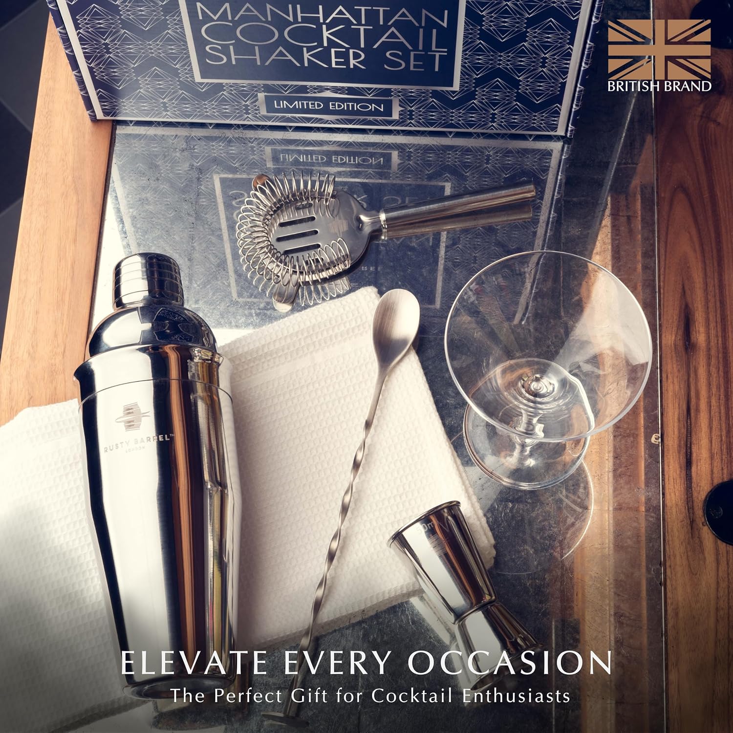 Manhattan *Limited Edition* Cocktail Making Set - Manhattan Style Stainless Steel Shaker, Muddler, Strainer, Bar Measure, Pourer, Spoon & Recipe Booklet | Presented in a Luxury Gift Box