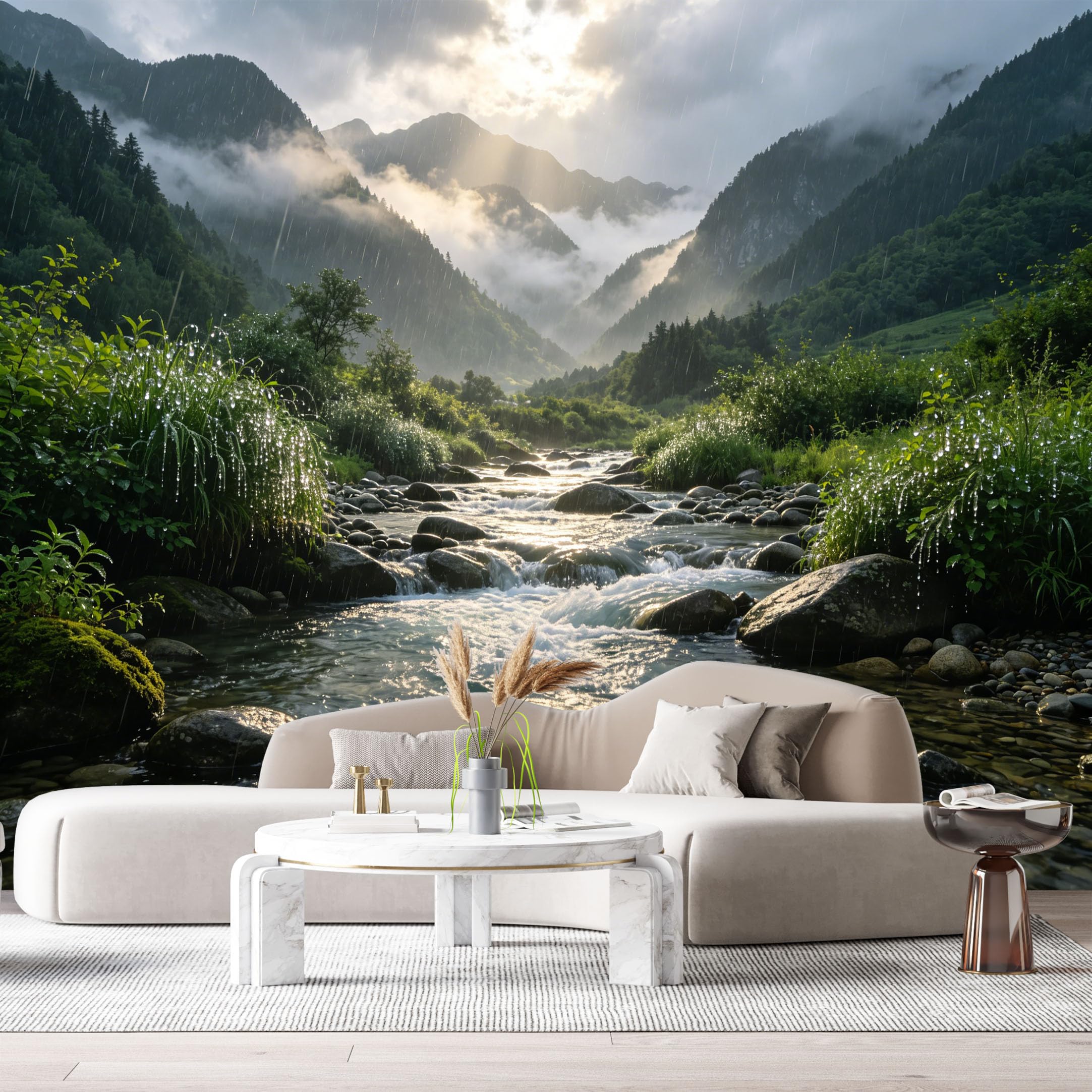 Custom Size Wall Murals Mountain Lake Landscape Watercolor Misty Valley River Stream SelfAdhesive Wall Fabric Removable Large Wallpaper for Photo Living Room