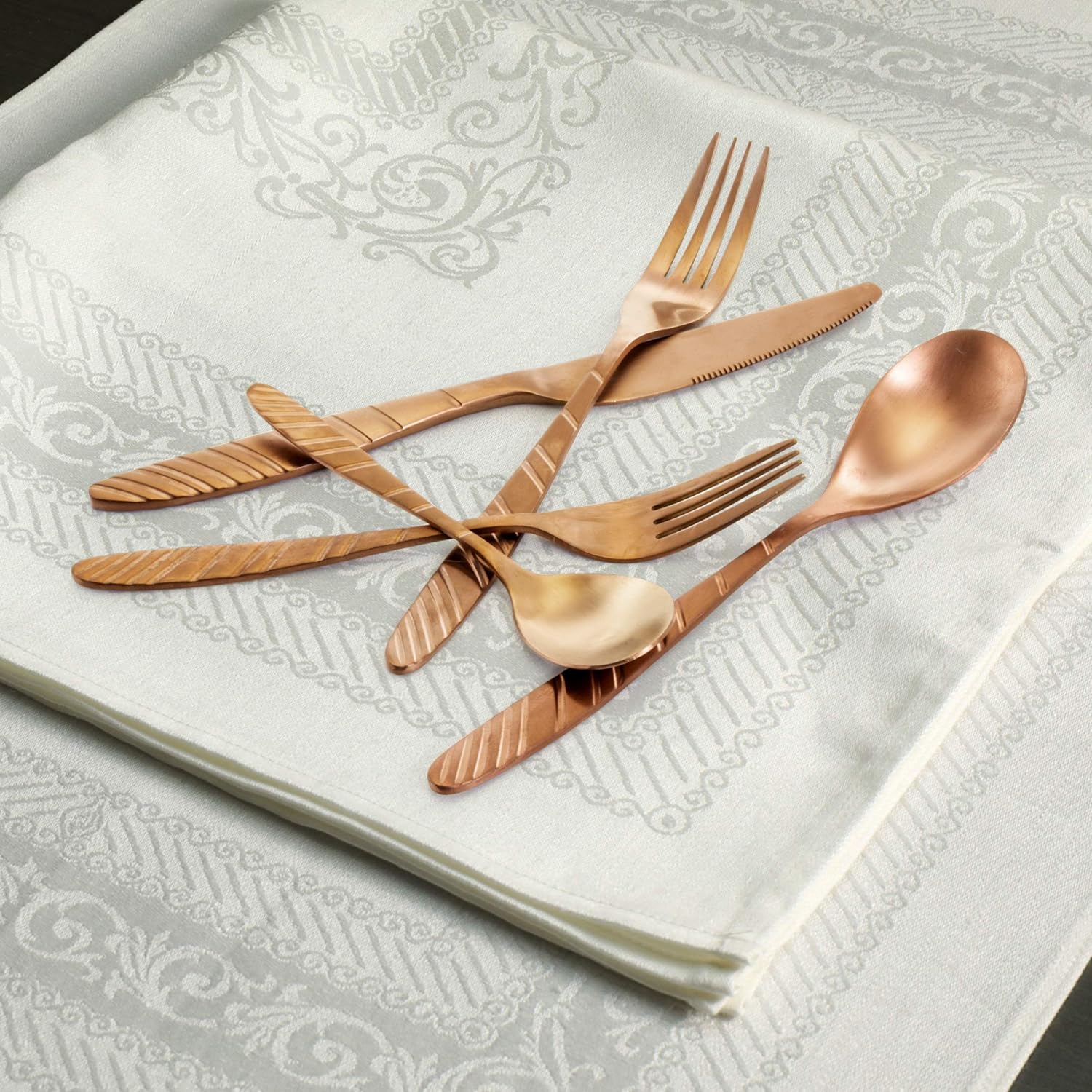 MegaChef La Vague 20 Piece Flatware Utensil Set, Stainless Steel Silverware Metal Service for 4 in Matte Rose Gold