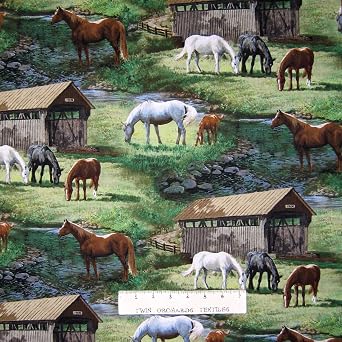 FlashPhoenix Quality Sewing Fabric Wild Wings Nature - Sweetwater Covered Bridge Horse Scene - Size; 36 x 44 Inches by The Yards