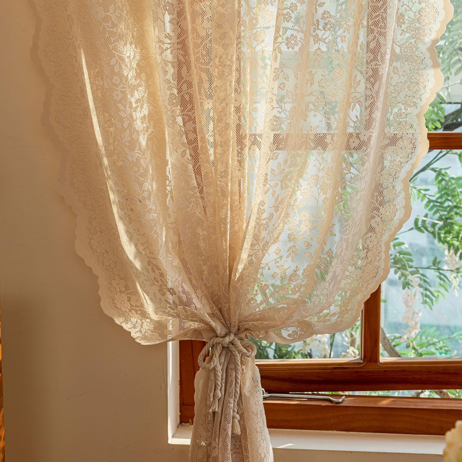 Beige Lace Sheer Curtains - Floral Light Filtering Translucent Drapes with Scalloped Edges for French Doors & Living Room, Romantic Rod Pocket Vintage Crochet,2 Panels,52x84 Inches