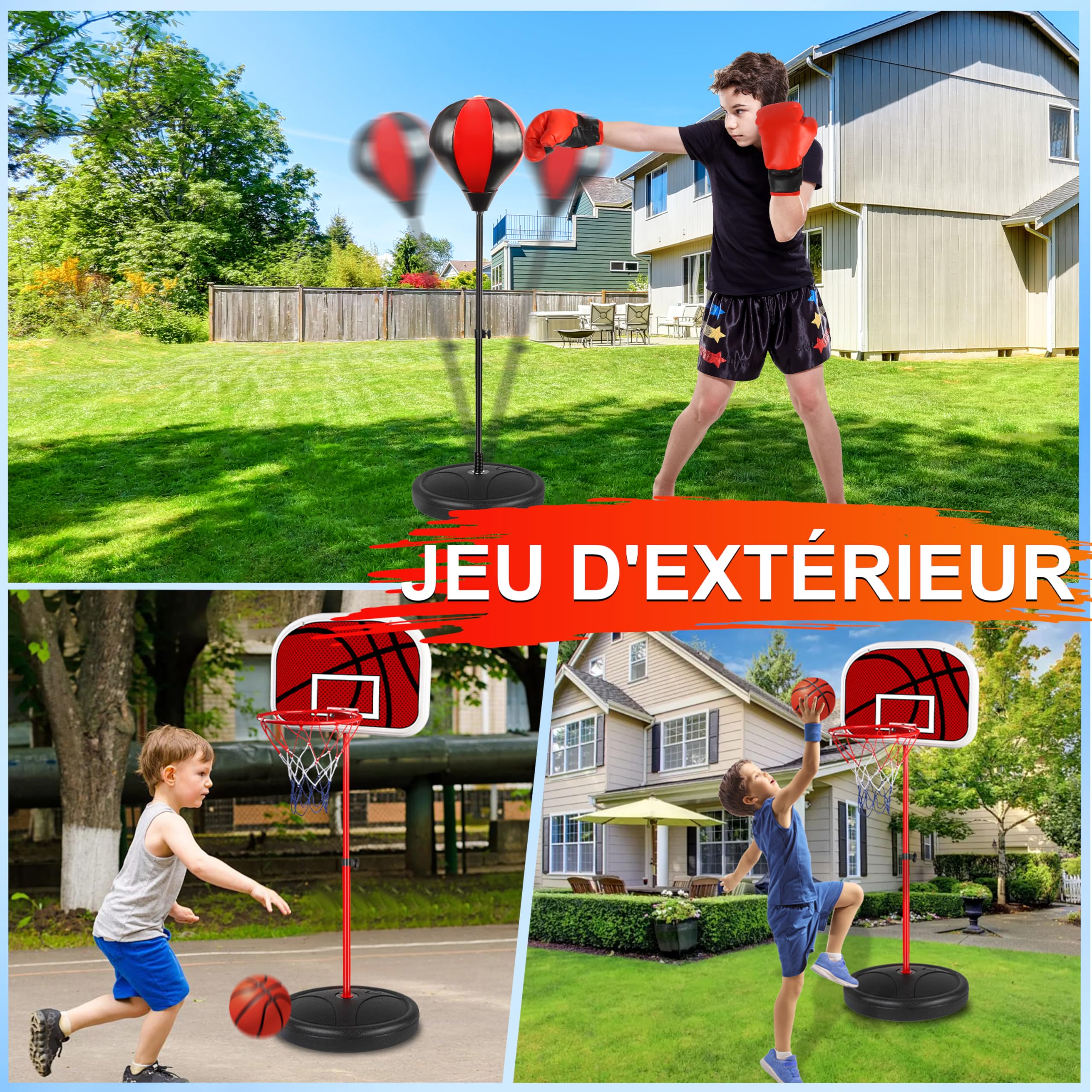 Aragallant Panier De Basket pour Enfants, Panier De Basket Réglable en Hauteur, Sac de Boxe Debout, 2 en 1 Jouet de Sport pour Extérieur Intérieur, Cadeaux pour Garçons et Filles pour 4 à 12 Ans