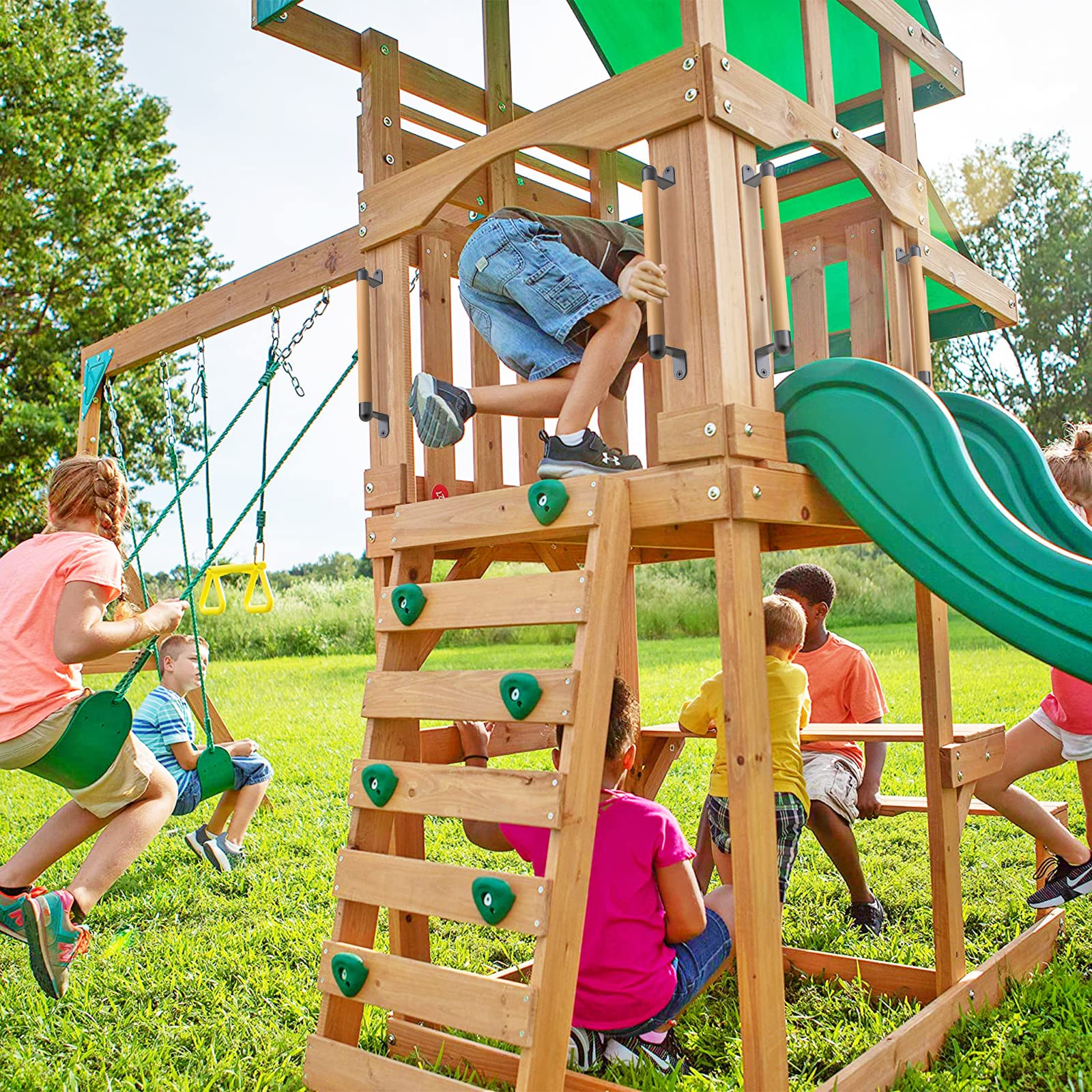 Dolibest Haltegriff Holz, 38cm Sicherheitsgriff Kinder Senioren Handgriffe Dusche Bad Wandhandlauf Innen Außen für Klettergerüst/Spielplatz/Schaukel/Spielset/Spielturm/Spielhaus/Hochbett/Baumhaus