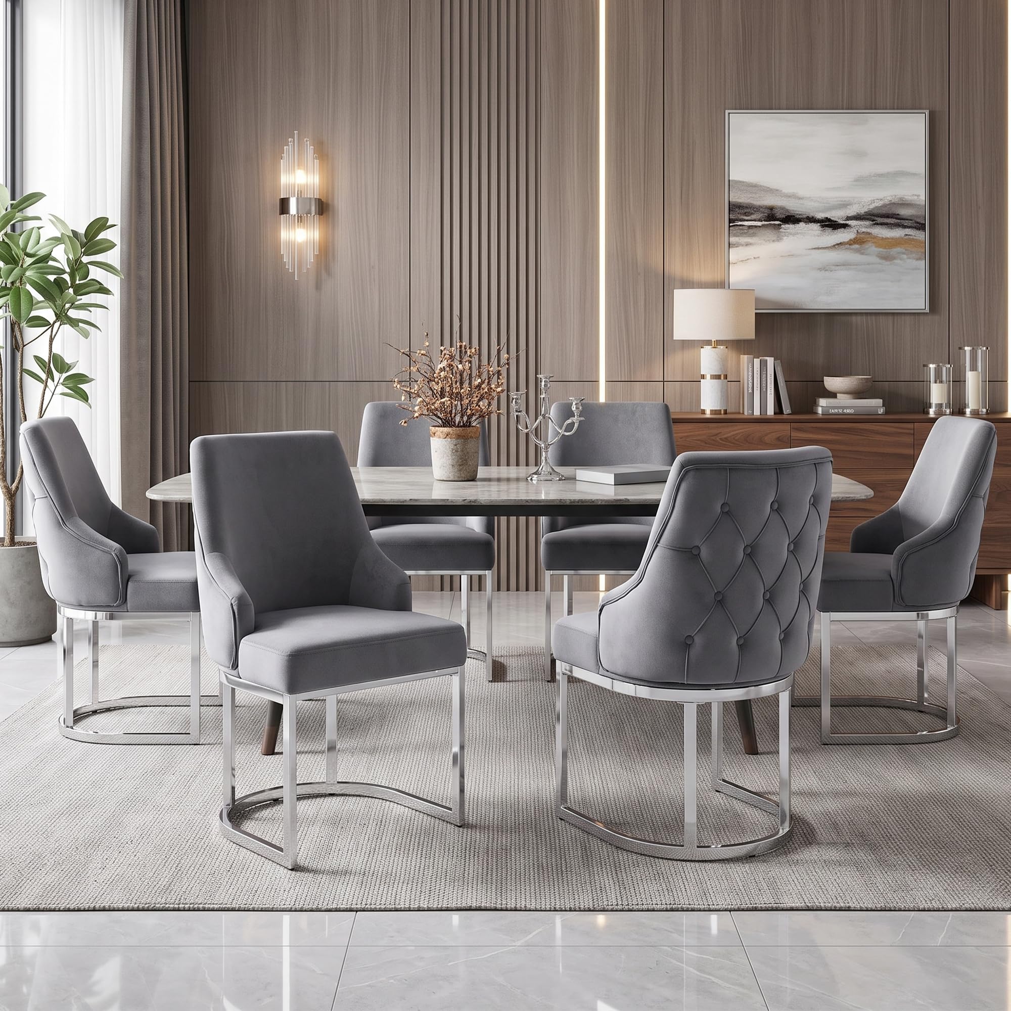Set di 2 sedie da pranzo in velluto grigio con gambe in metallo argentato, moderne
