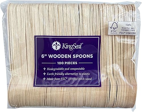 Vista 3 de KingSeal Cucharas desechables de madera de abedul, biodegradables y respetuosas con el medio ambiente, 6.25 pulgadas de longitud – 1 paquete de 100