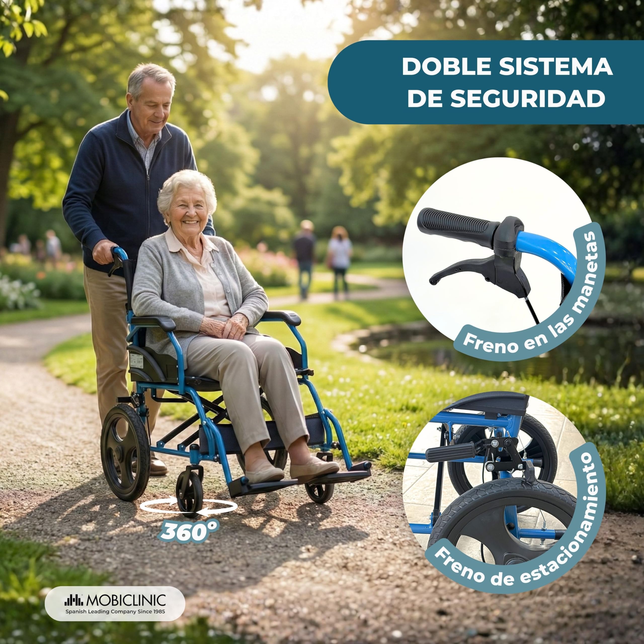 Mobiclinic®, Silla de Ruedas Plegable, de Tránsito, Respaldo Abatible, Reposapiés Abatibles, Doble Sistema de Frenado, Acero Reforzado, Hasta 100 kg, Ligera y Compacta, Faraón