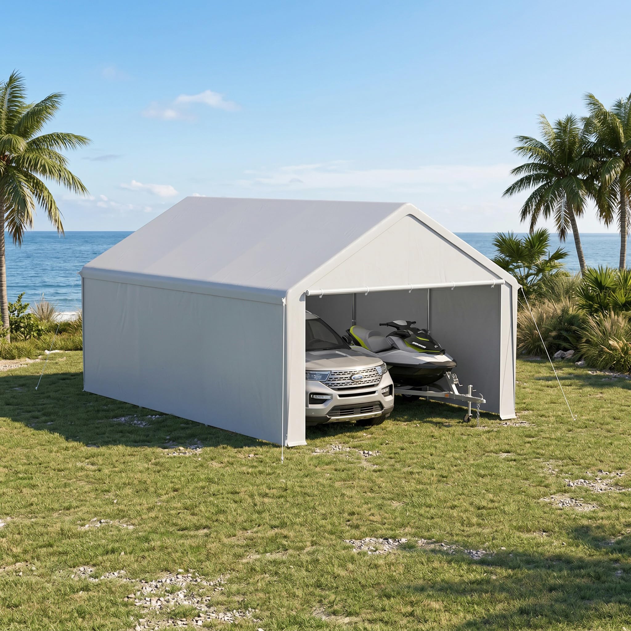 Carport Zeltgarage 4x6m, Lagerzelt mit wetterfester PE Plane, Garagenzelt mit verzinktem Stahlrahmen, mit Erdankern und Abspannseilen, Unterstand für Auto, Geräte und Gartenbedarf, Grau