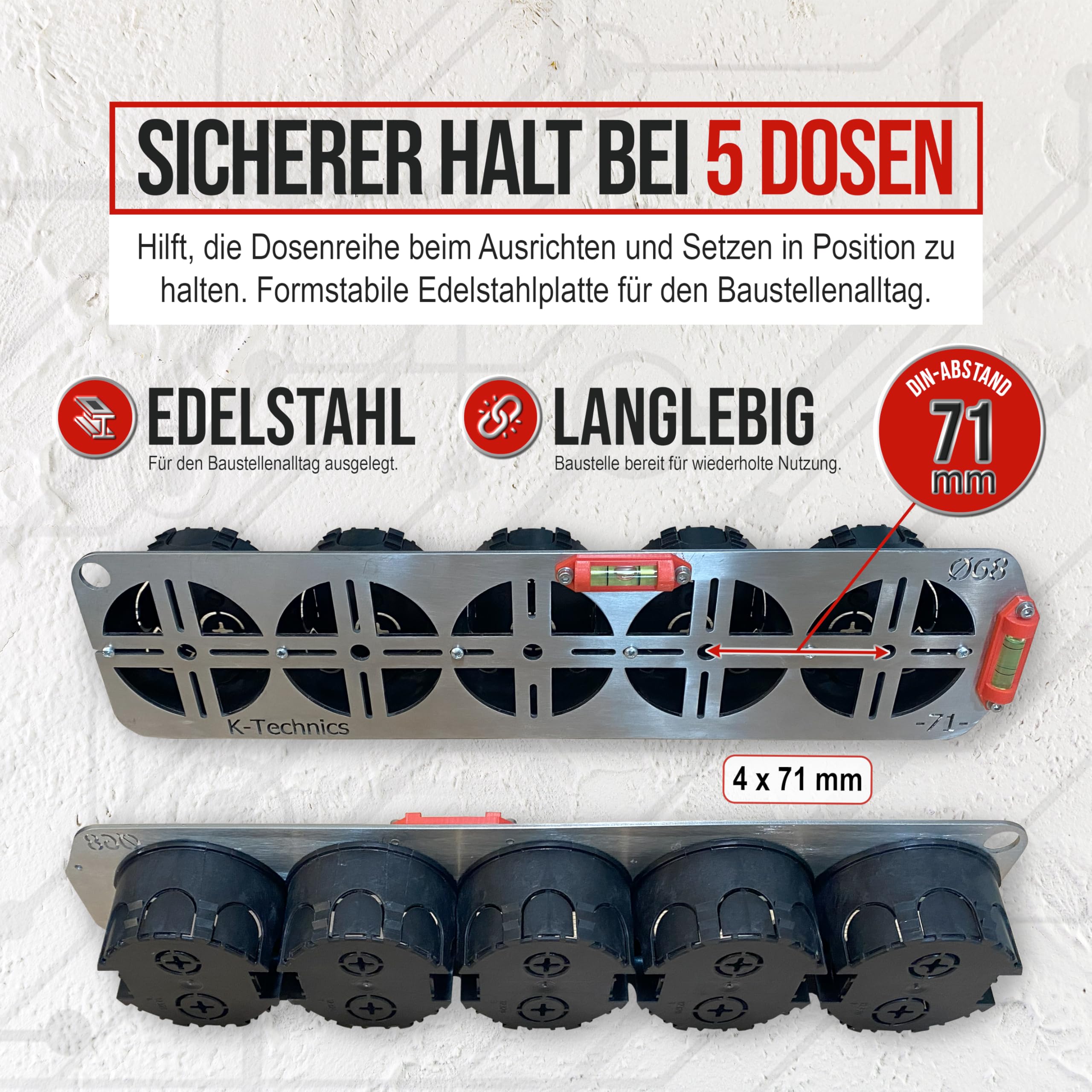 K-Technics K5 Edelstahl Bohrschablone Steckdosen, Steckdosen Schablone mit Elektriker Wasserwaage, Geeignet für Hohlraumdosen und Unterputz im Trockenbau, 4 x 71 mm Rastermaß, 7,5 mm Markierungslöcher