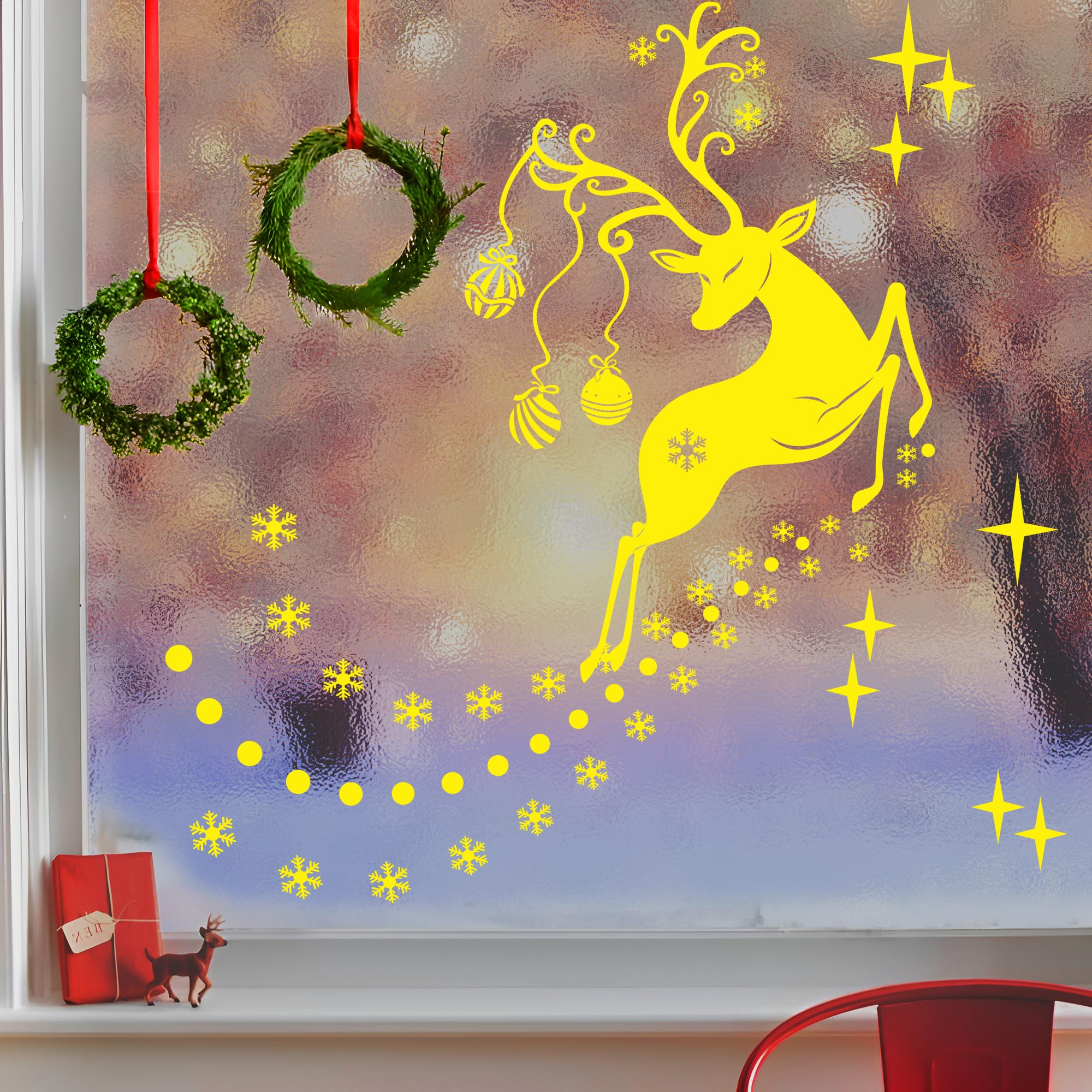 Durable Vinyl Christmas Window Stickers, Double Sided Santa Reindeer Snowflake Decoration, Removable Rudolf Xmas Decals Home Office Shop Window Wall Party Décor, for 1-1.2M Window, Light Yellow