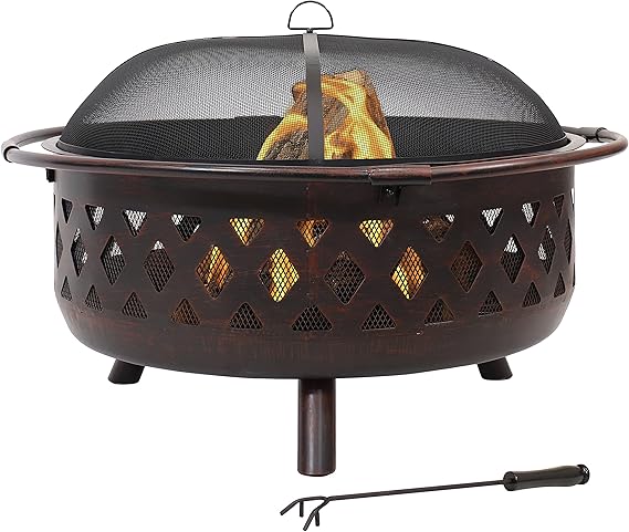 Sunnydaze Crossweave Outdoor Fire Pit - Wood-Burning Fire Pit for Outside with Spark Screen, Poker and Round Cover - 36-Inch - Bronze