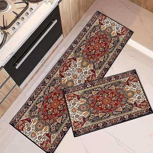Juego de 2 alfombras y tapetes de cocina bohemios, antideslizantes, lavables, vintage, tribal, étnico, floral, para piso, alfombra geométrica para