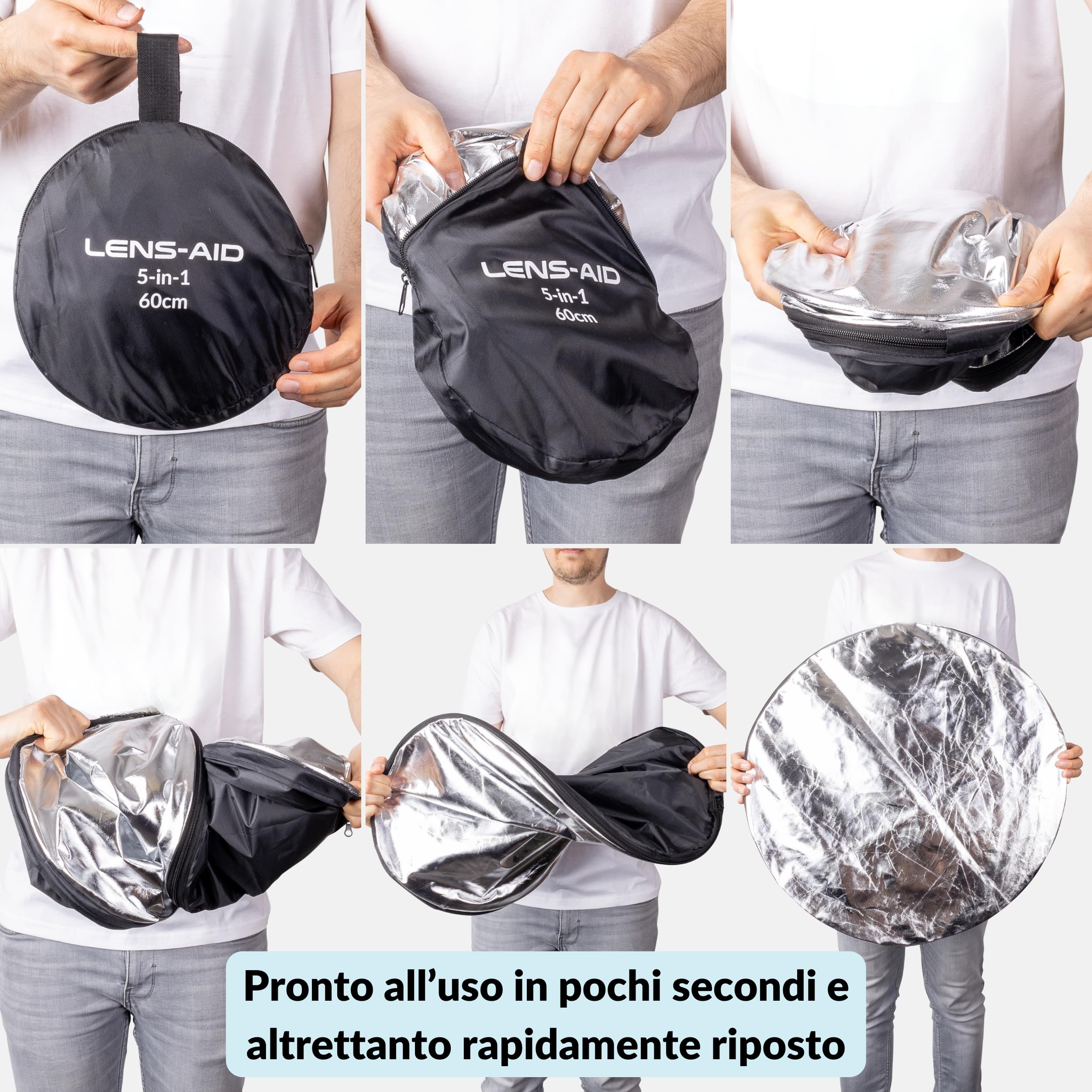 Lens-Aid Riflettore Fotografico 5-in-1 Ø60cm – Bianco, Nero, Argento, Oro & Diffusore – Pieghevole con Custodia per Studio & Outdoor, Ideale per Ritratto, Food e Prodotto