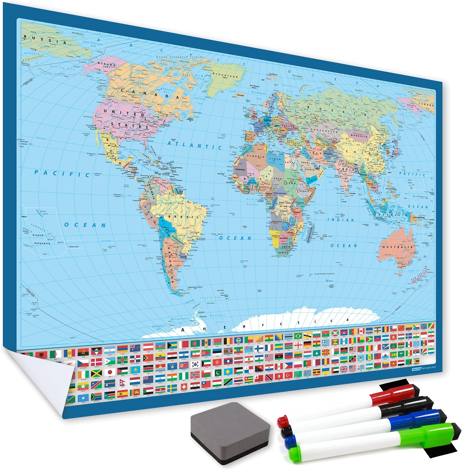 WallTAC ReAdhesive Dry Wipe World Map - Large Educational Poster With A Tear Free, Dry Erase Finish With Flags Of The World - With 4 Whiteboard Pens and Magnetic Eraser (A1, Standard World Map)