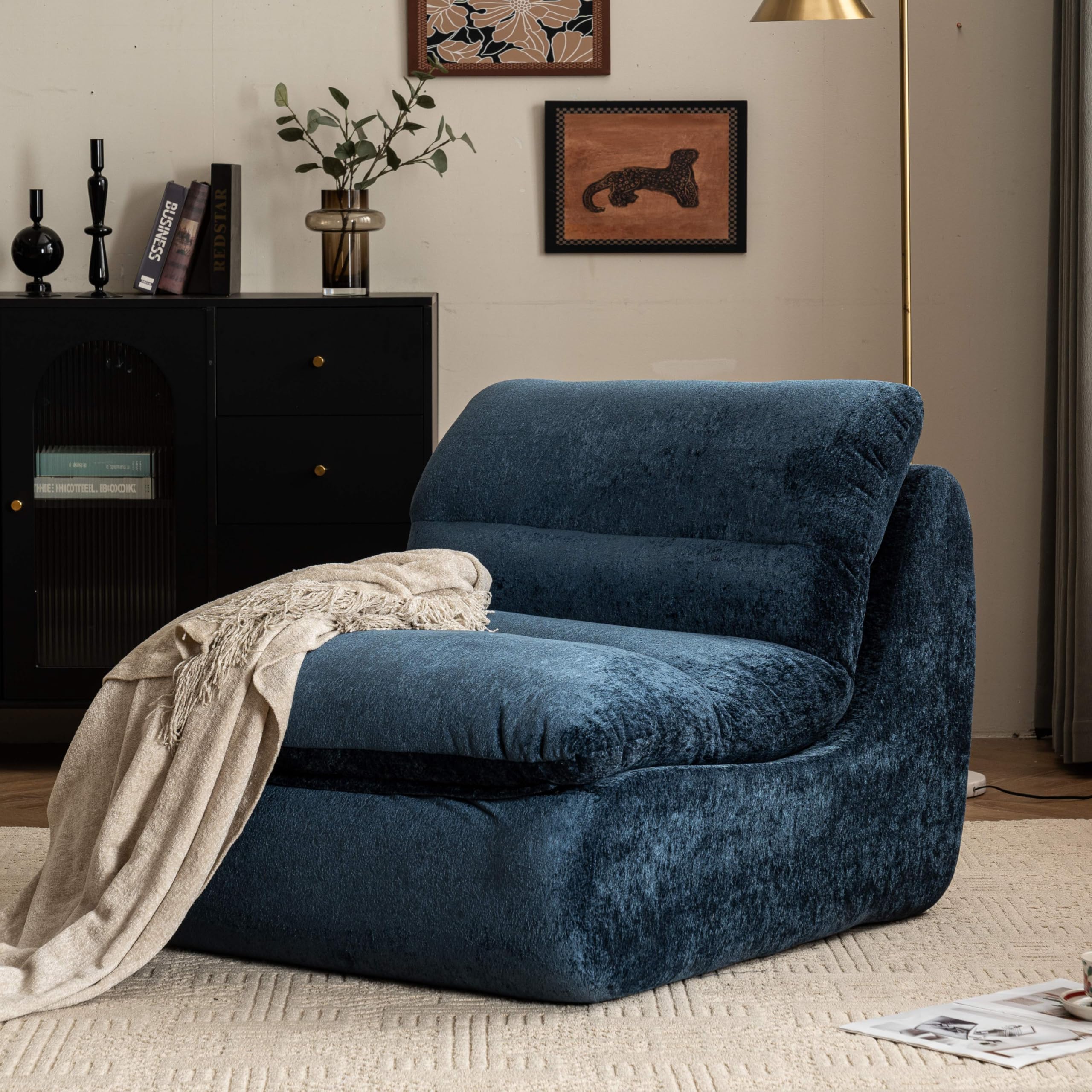 VKNOW Bean Bag Chair for Adults, Upholstered Chenille Sofa with High-Rebound Memory Foam, Modern Comfy Reading Chair for Living Room Bedroom Dorm Apartment, Blue