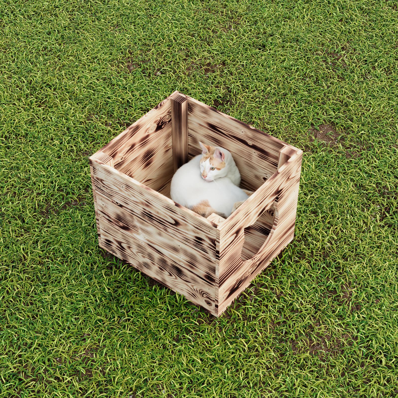 QLS Domek dla kota z opalanej sosny 33 x 38 x 29 cm | Pasuje do regałów Kallax. Opalana sosna tworzy bezpieczne schronienie dla kota